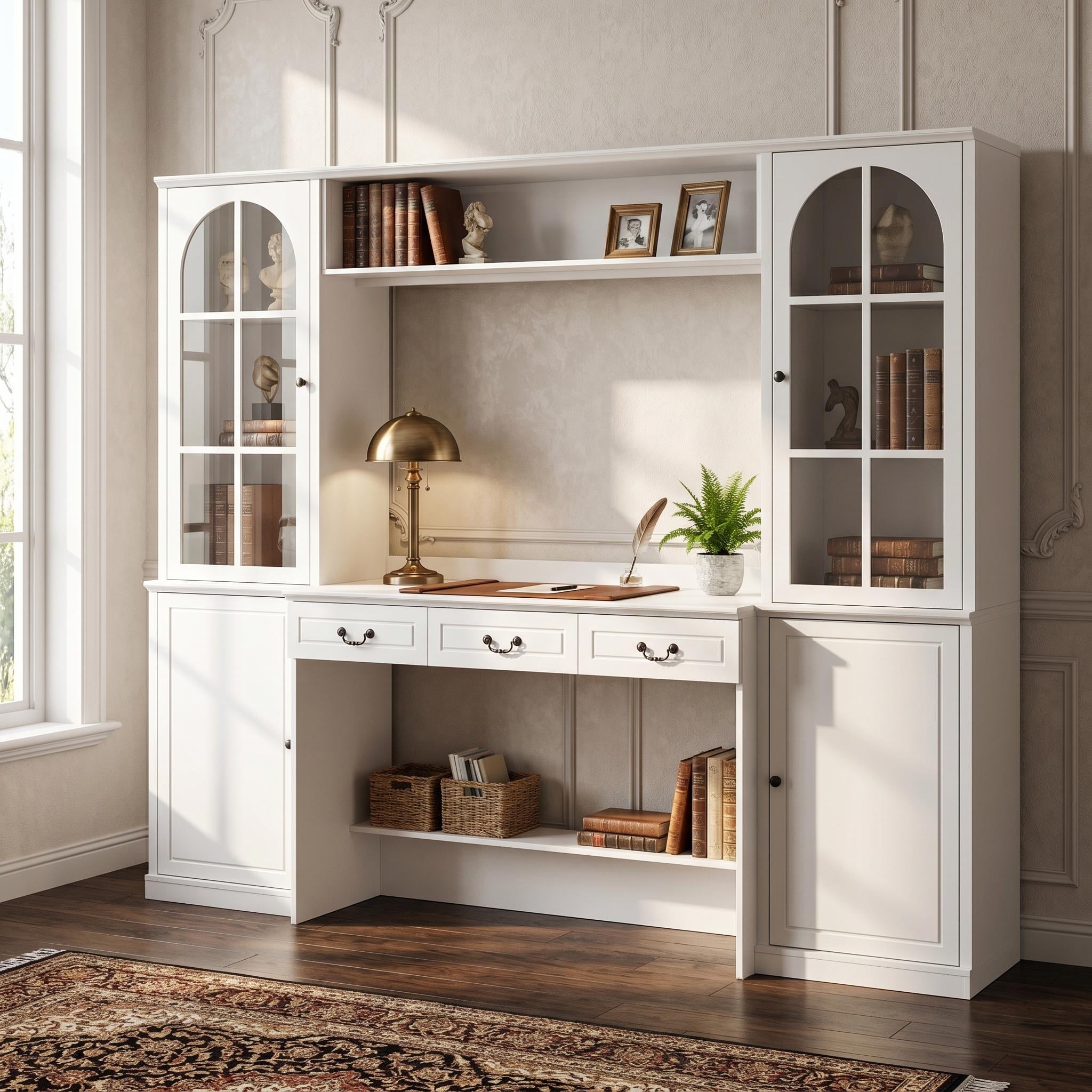 Hutch Desk With Storage Cabinets Drawers Large Computer Desk With Hutch Home Office Workstation Desk With Glass Doors White