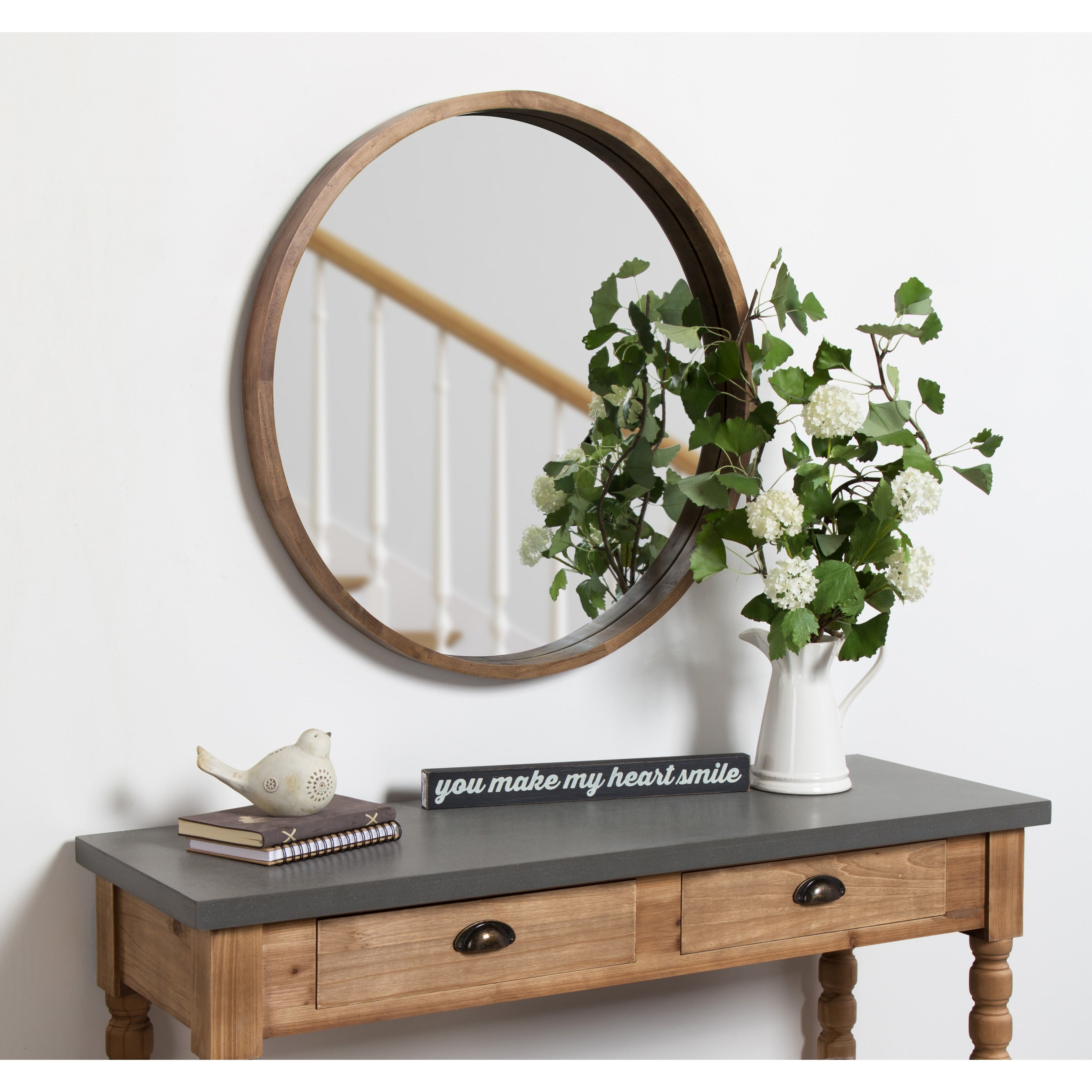 Hutton Round Decorative Wood Frame Wall Mirror 30 Inch Diameter