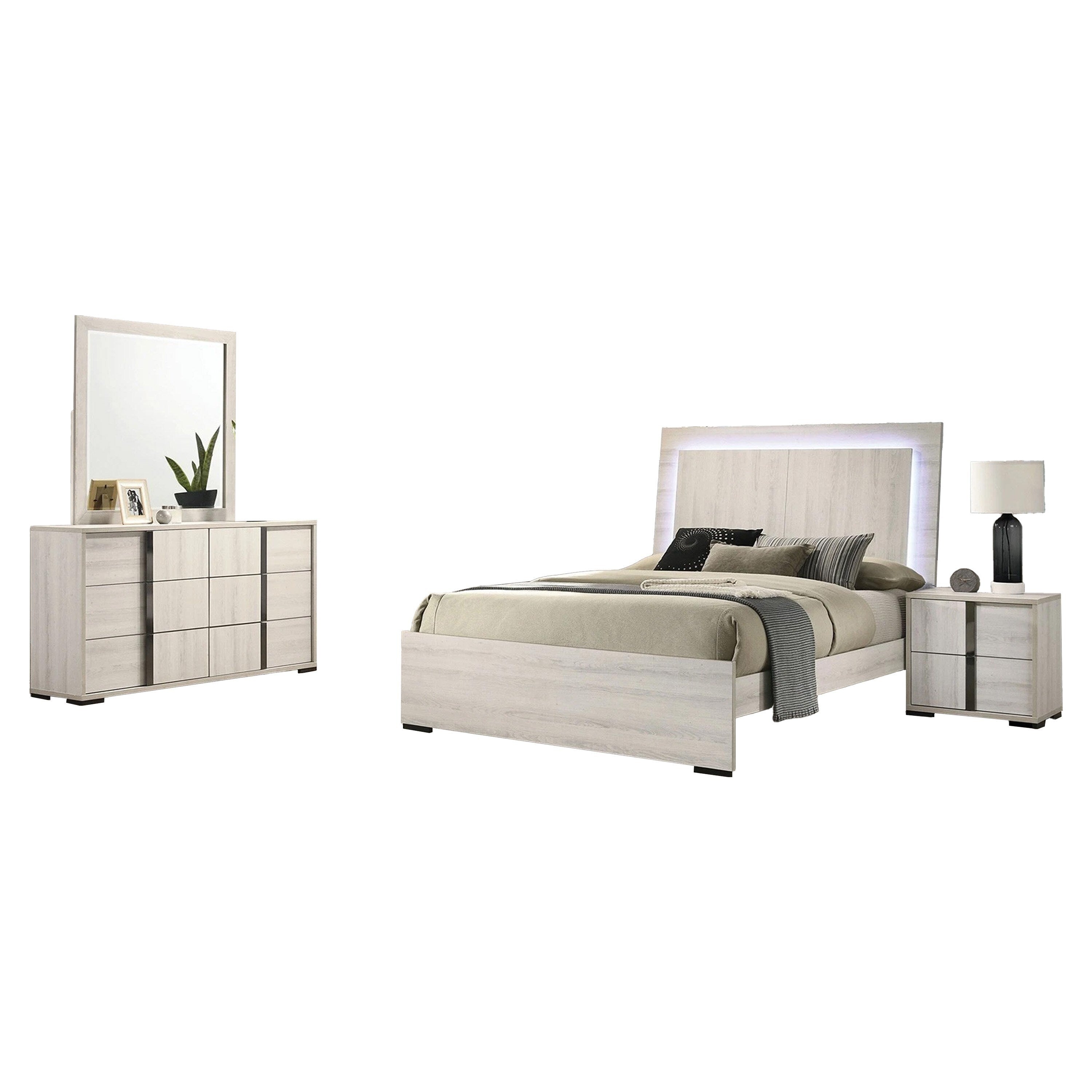 Hyao 4Pc Queen Bedroom Set W Led Headboard Whitewash Dresser Mirror