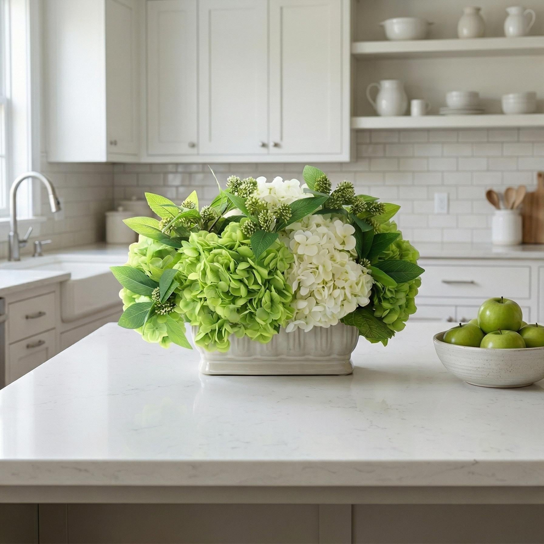 Hydrangea Arrangement In Fluted Ceramic Vase