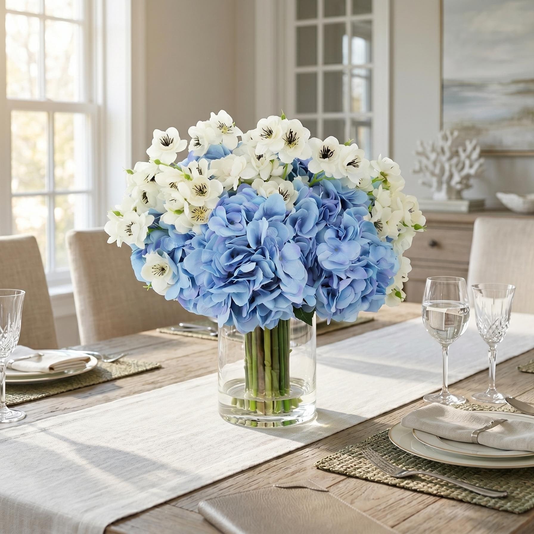 Hydrangea And Cherry Blossom Arrangement In Glass Vase