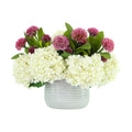 Hydrangea And Dahlia Arrangement In Ridged Vase