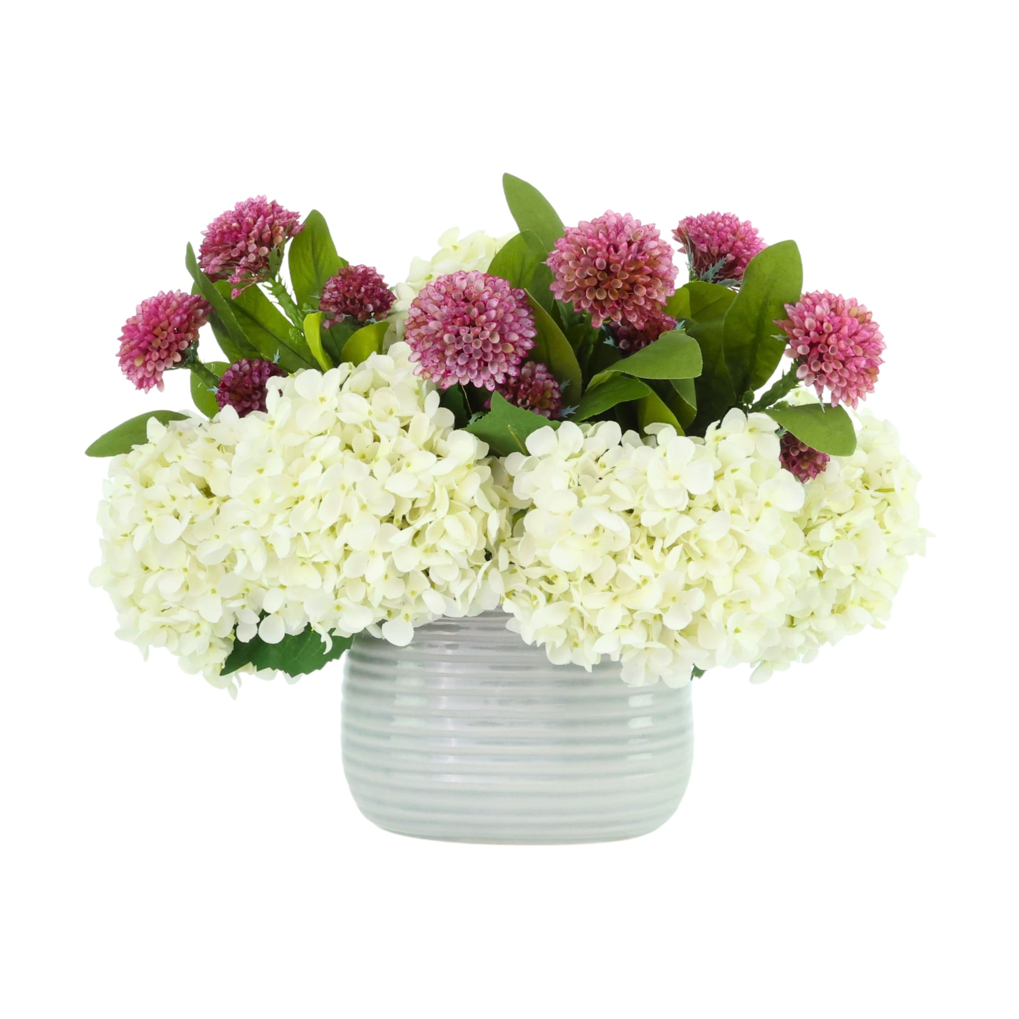 Hydrangea And Dahlia Arrangement In Ridged Vase