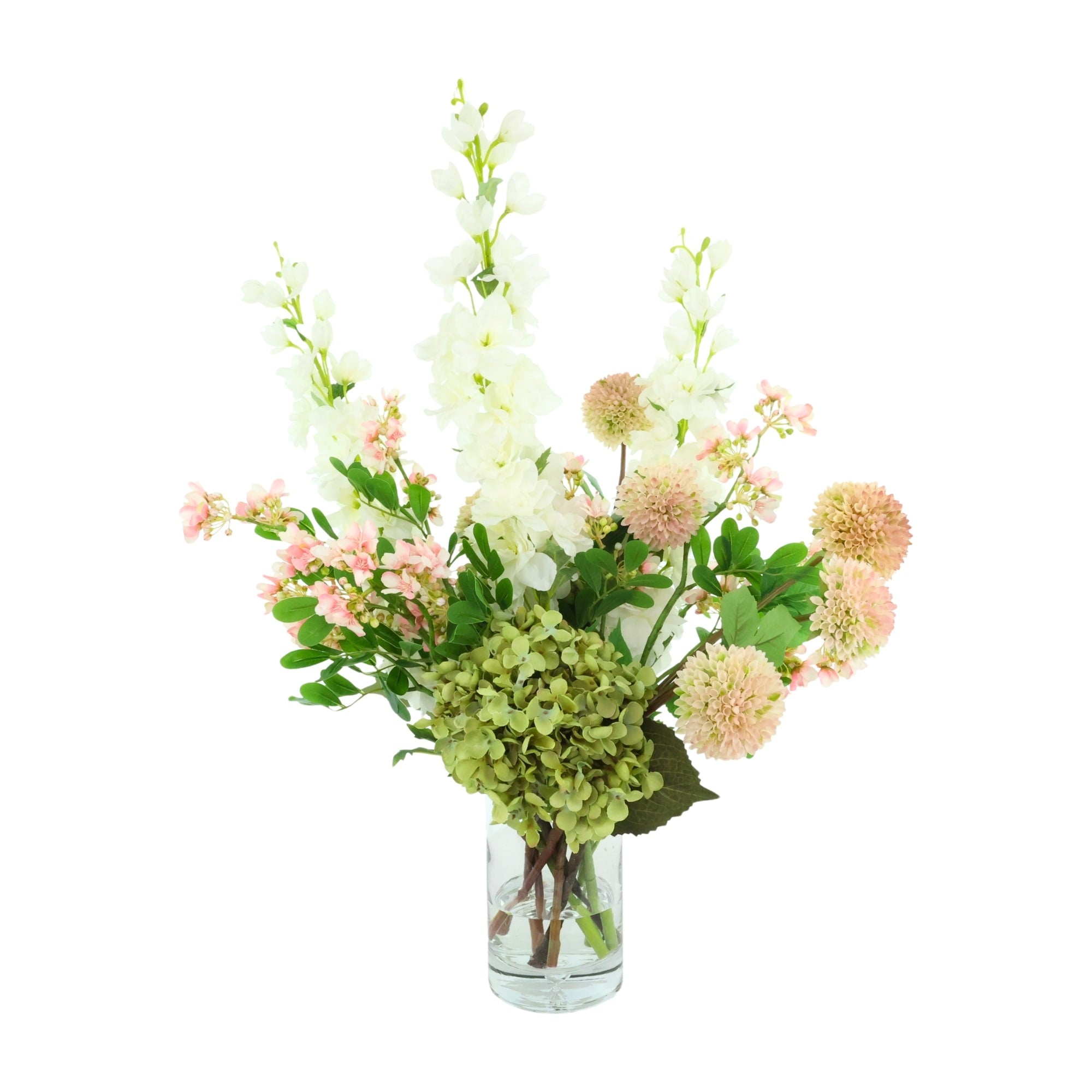 Hydrangea And Delphinium Arrangement In Glass Vase