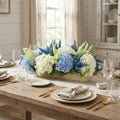 Hydrangea And Heather Centerpiece In Wood Planter