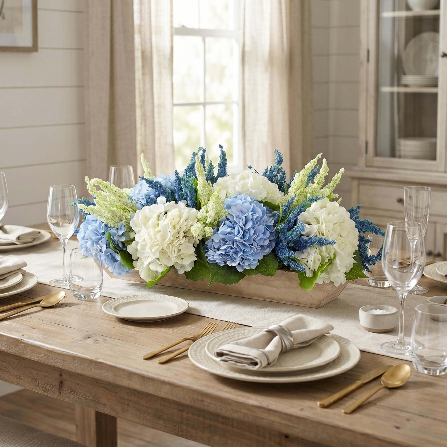 Hydrangea And Heather Centerpiece In Wood Planter