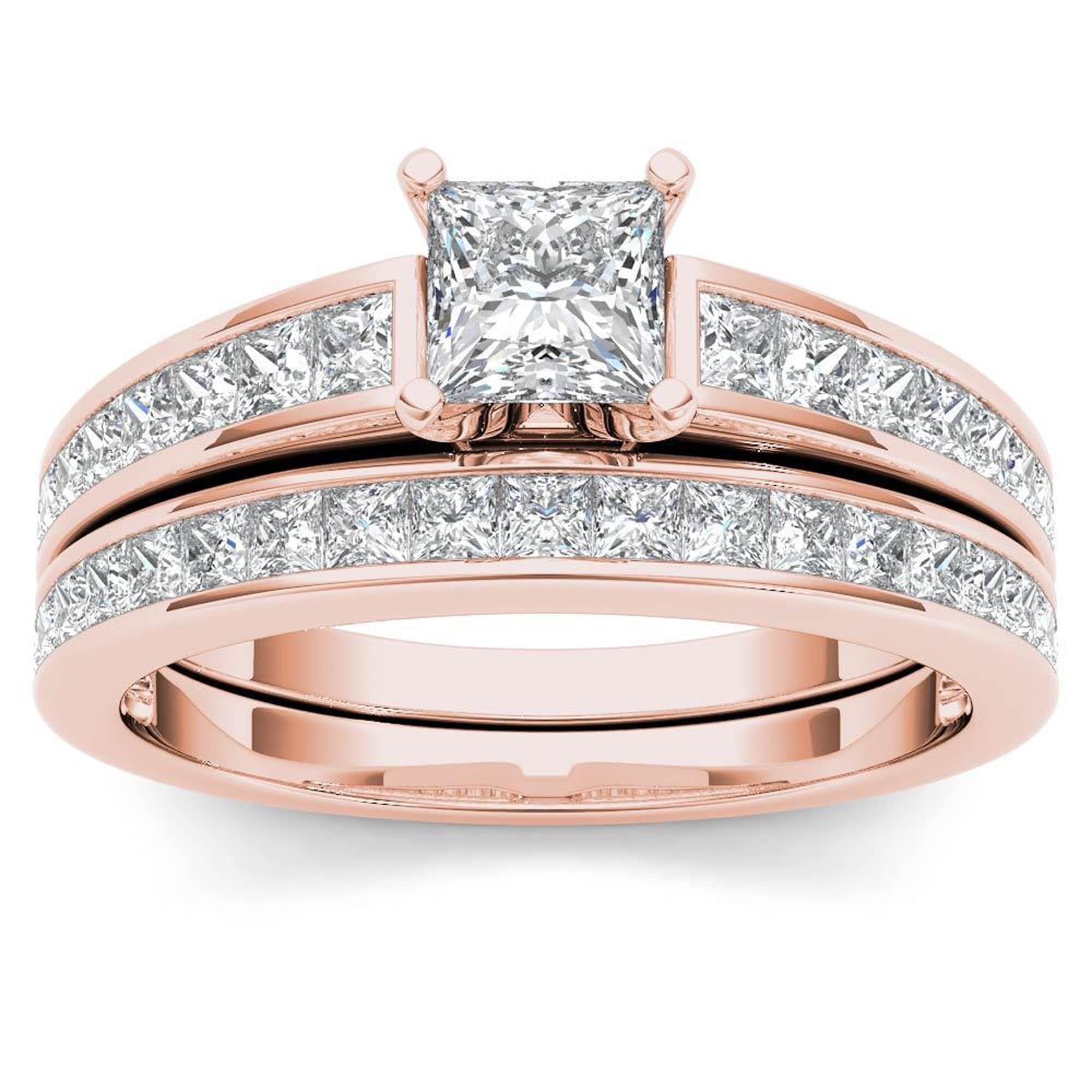 De Couer Igi Certified 14K Rose Gold 1Ct Tdw Princess Cut Diamond Engagement Ring Set Pink