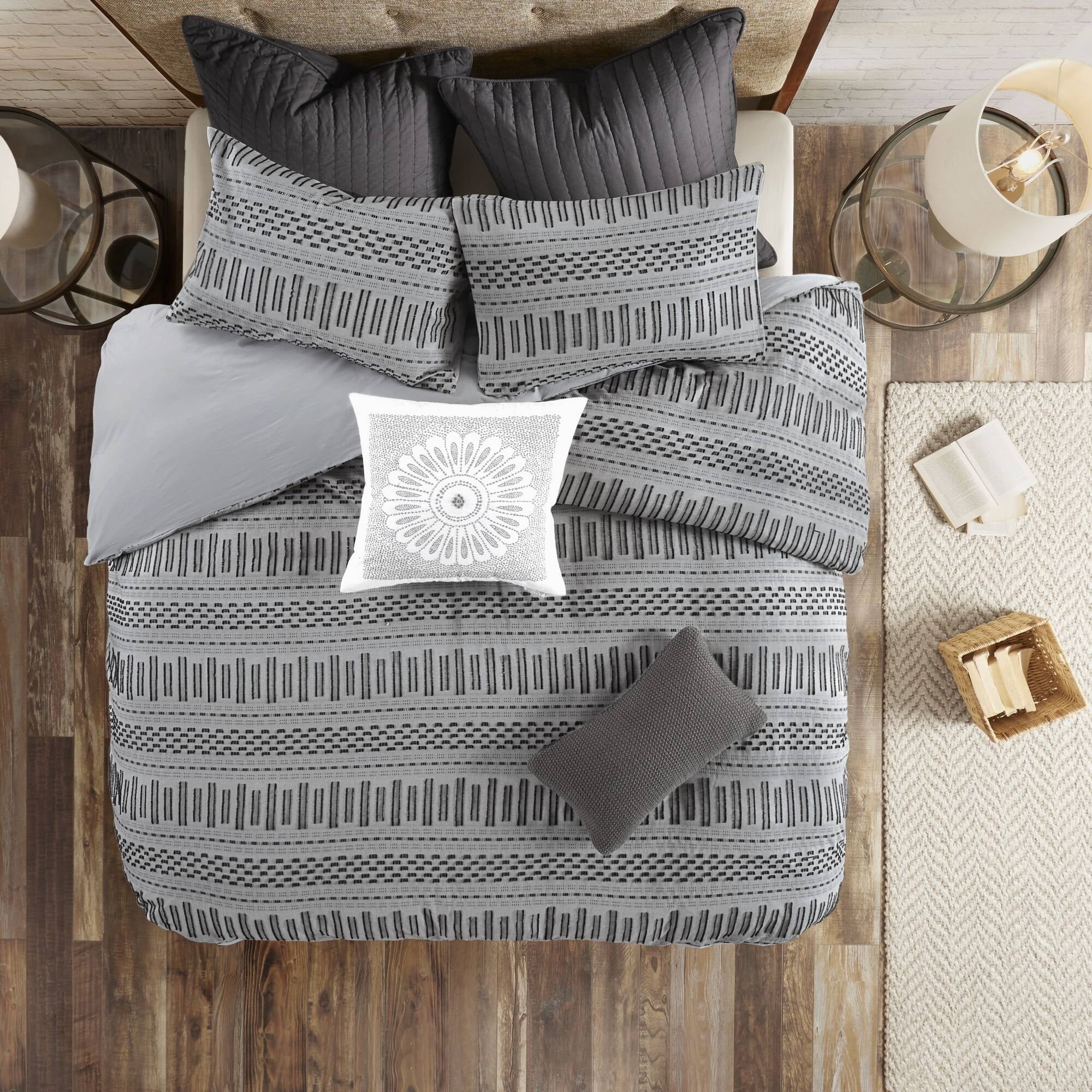 The Curated Nomad Natoma Ivory Charcoal Cotton Jacquard 3 Piece Duvet Cover Set