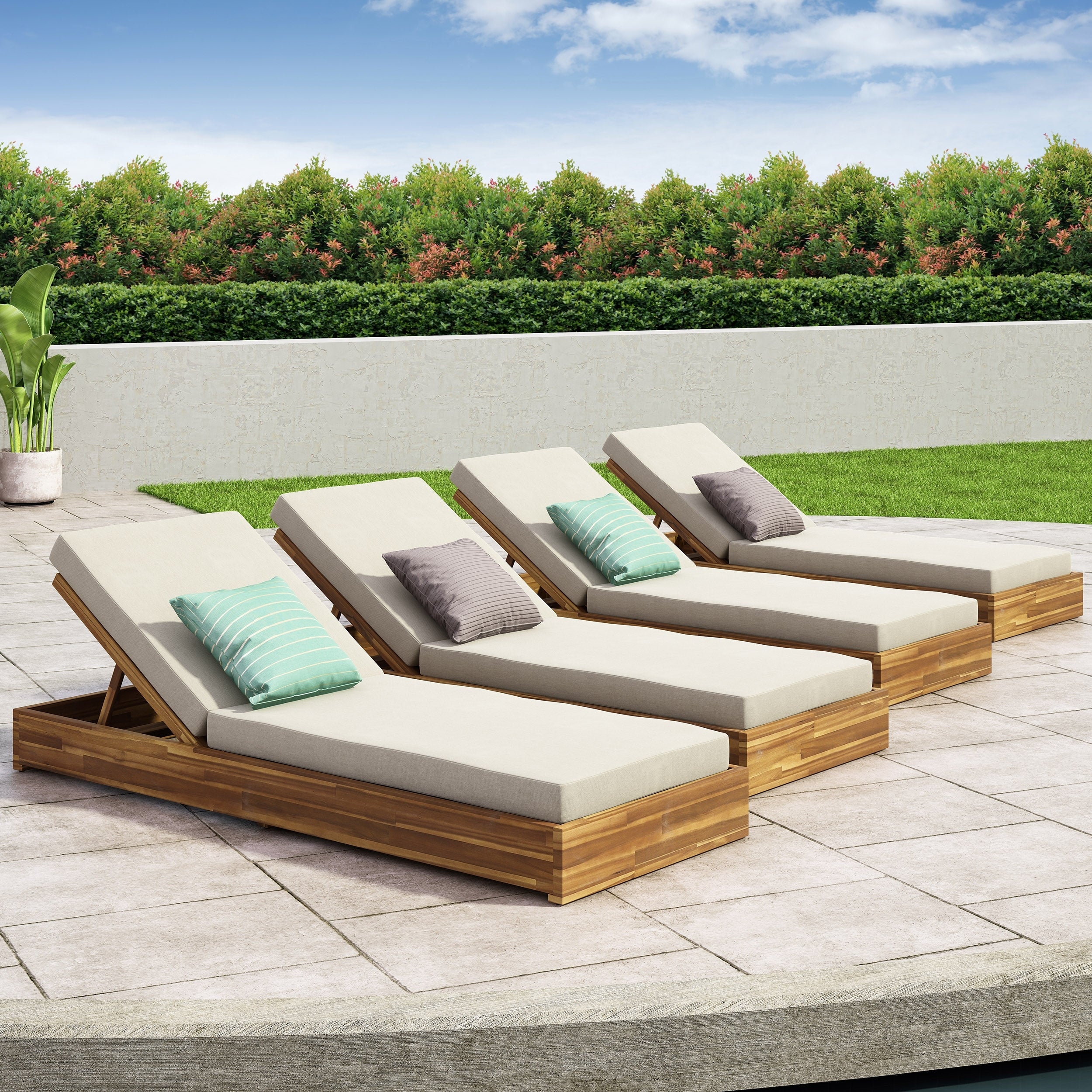 Ian Outdoor Acacia Wood Chaise Lounge With Cushion Set Of 4 By Christopher Knight Home