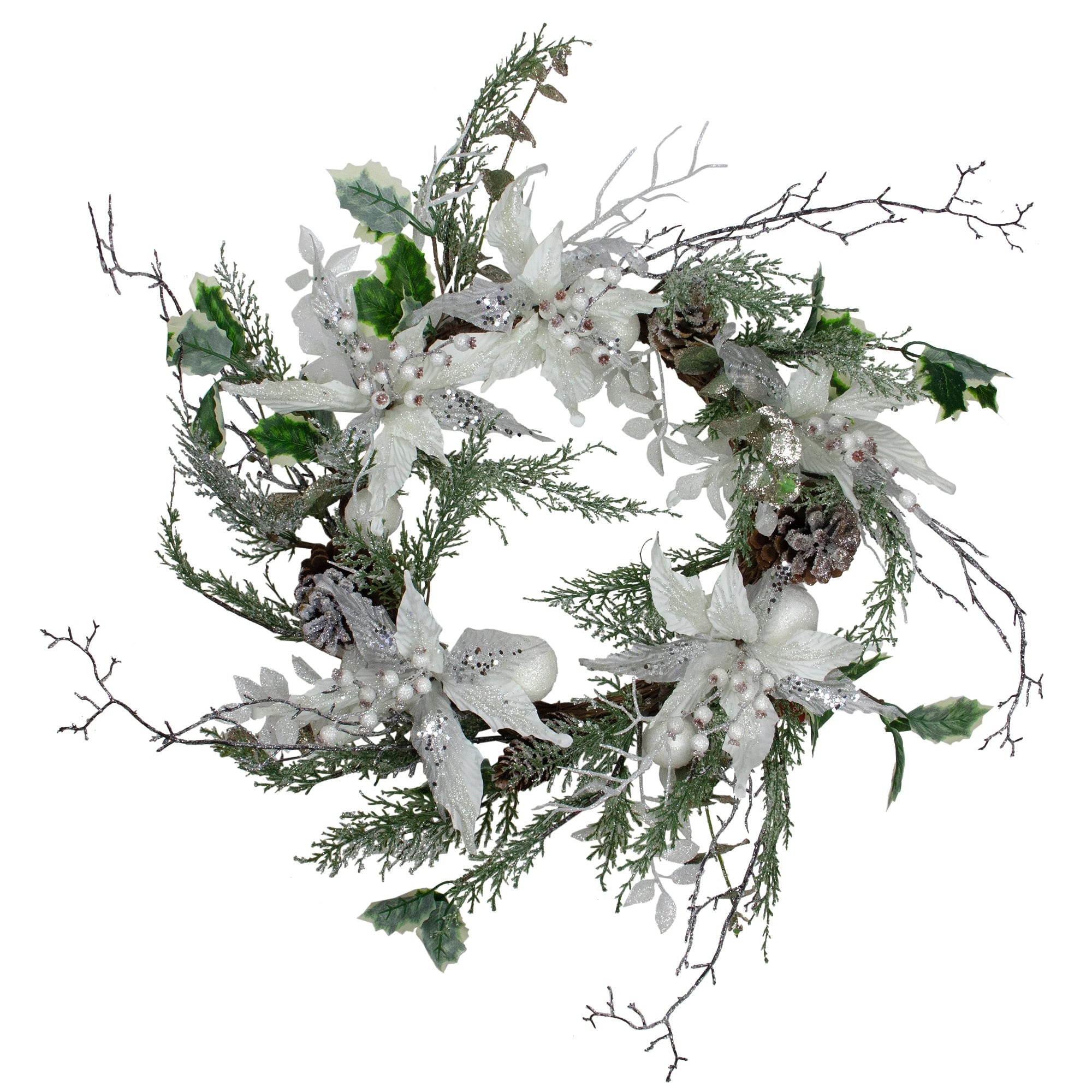 Iced White Poinsettia Artificial Christmas Wreath 22 Inch Unlit