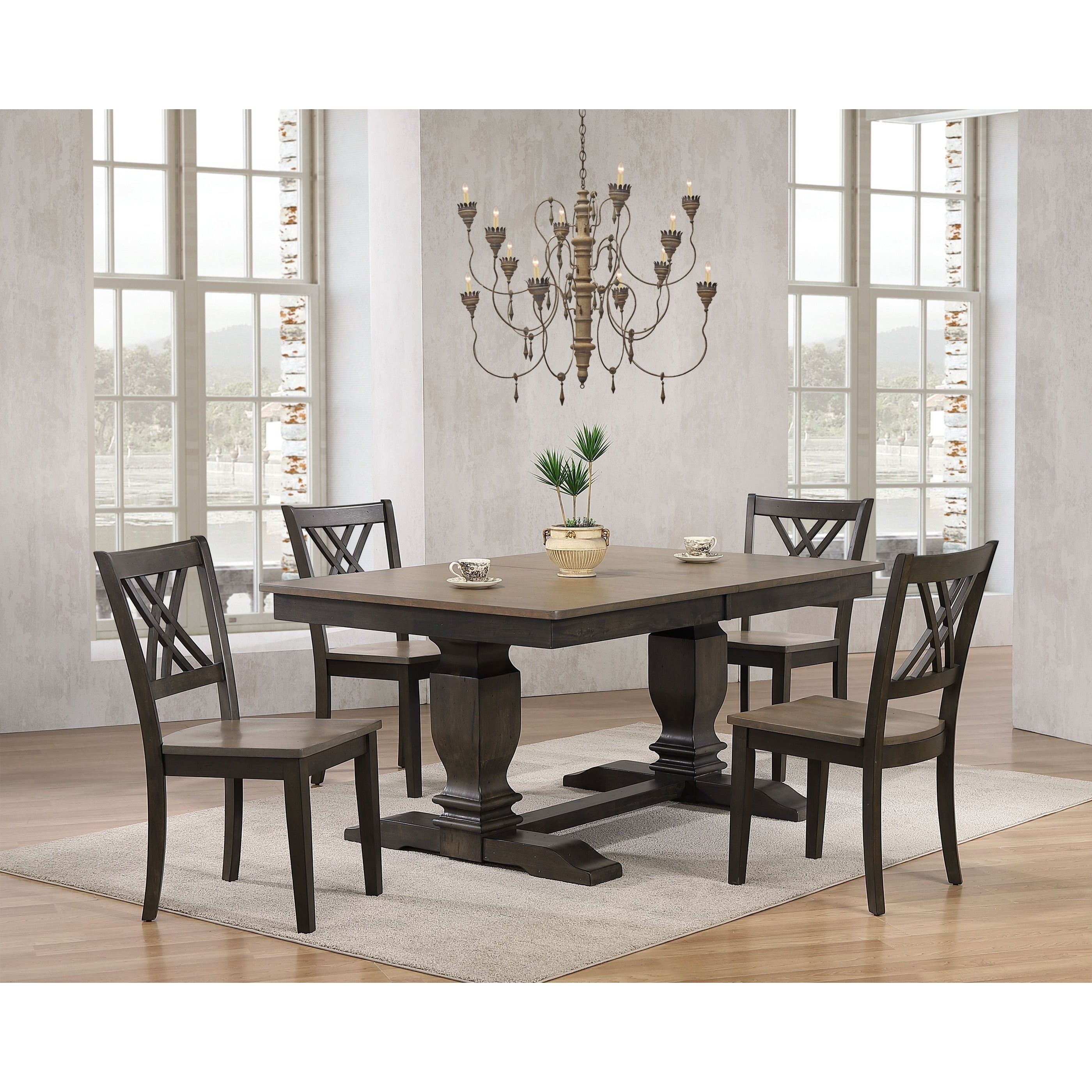 Iconic Furniture 42 X64 X82 Double Pedestal Transitional Antiqued Grey Stone Black Stone Double X Back 5 Piece Dining Set