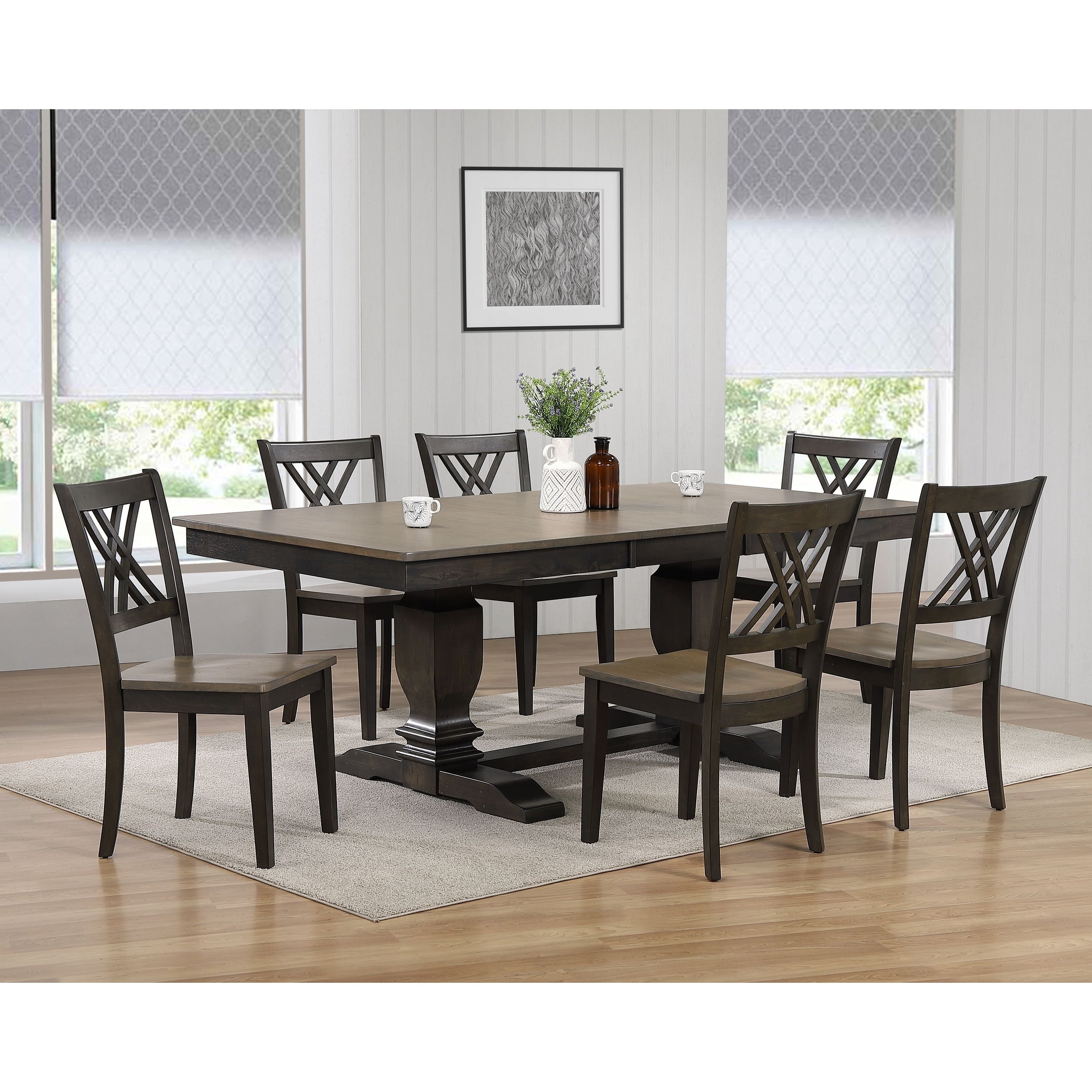 Iconic Furniture 42 X64 X82 Double Pedestal Transitional Antiqued Grey Stone Black Stone Double X Back 7 Piece Dining Set