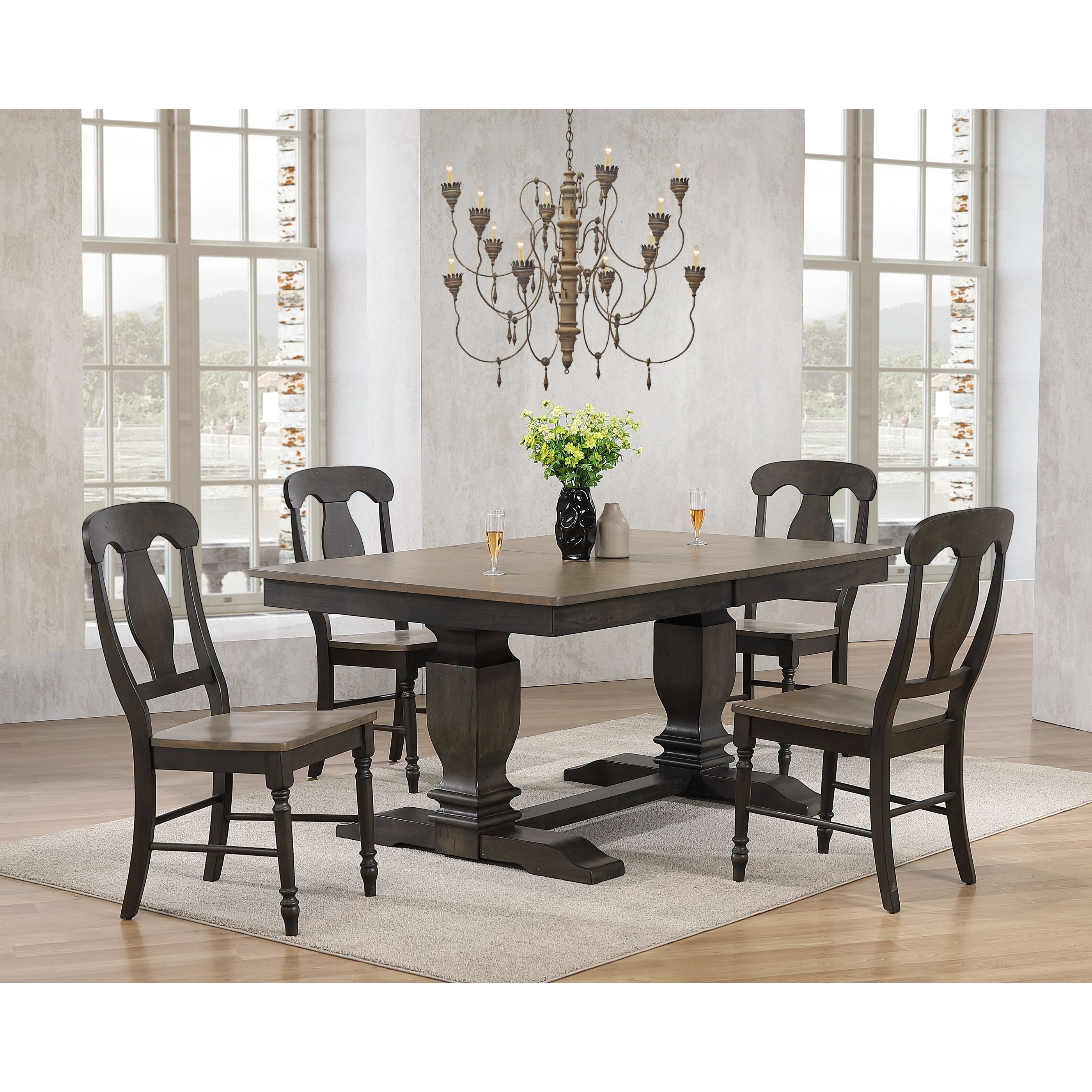 Iconic Furniture 42 X64 X82 Double Pedestal Transitional Antiqued Grey Stone Black Stone Napoleon Back 5 Piece Dining Set