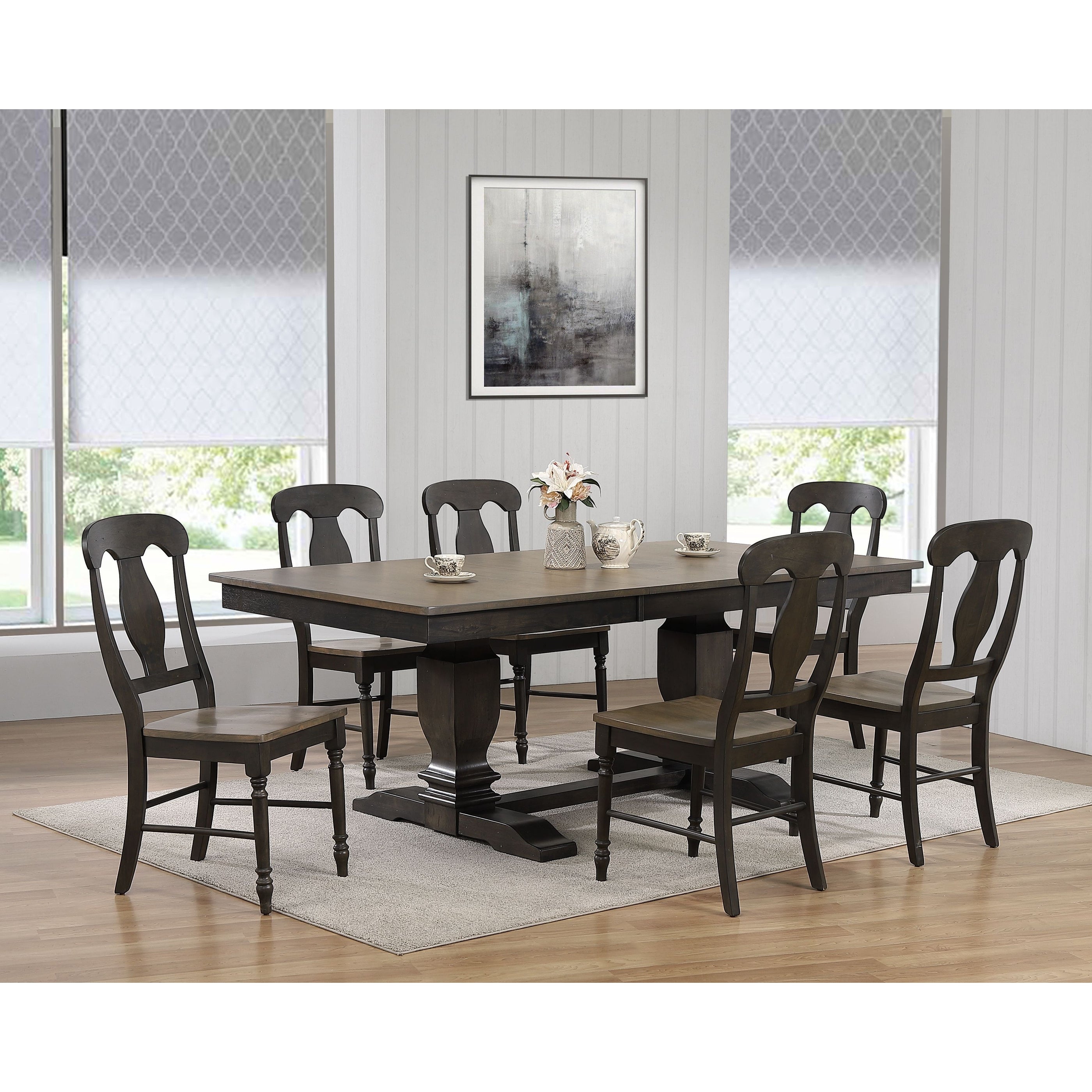 Iconic Furniture 42 X64 X82 Double Pedestal Transitional Antiqued Grey Stone Black Stone Napoleon Back 7 Piece Dining Set