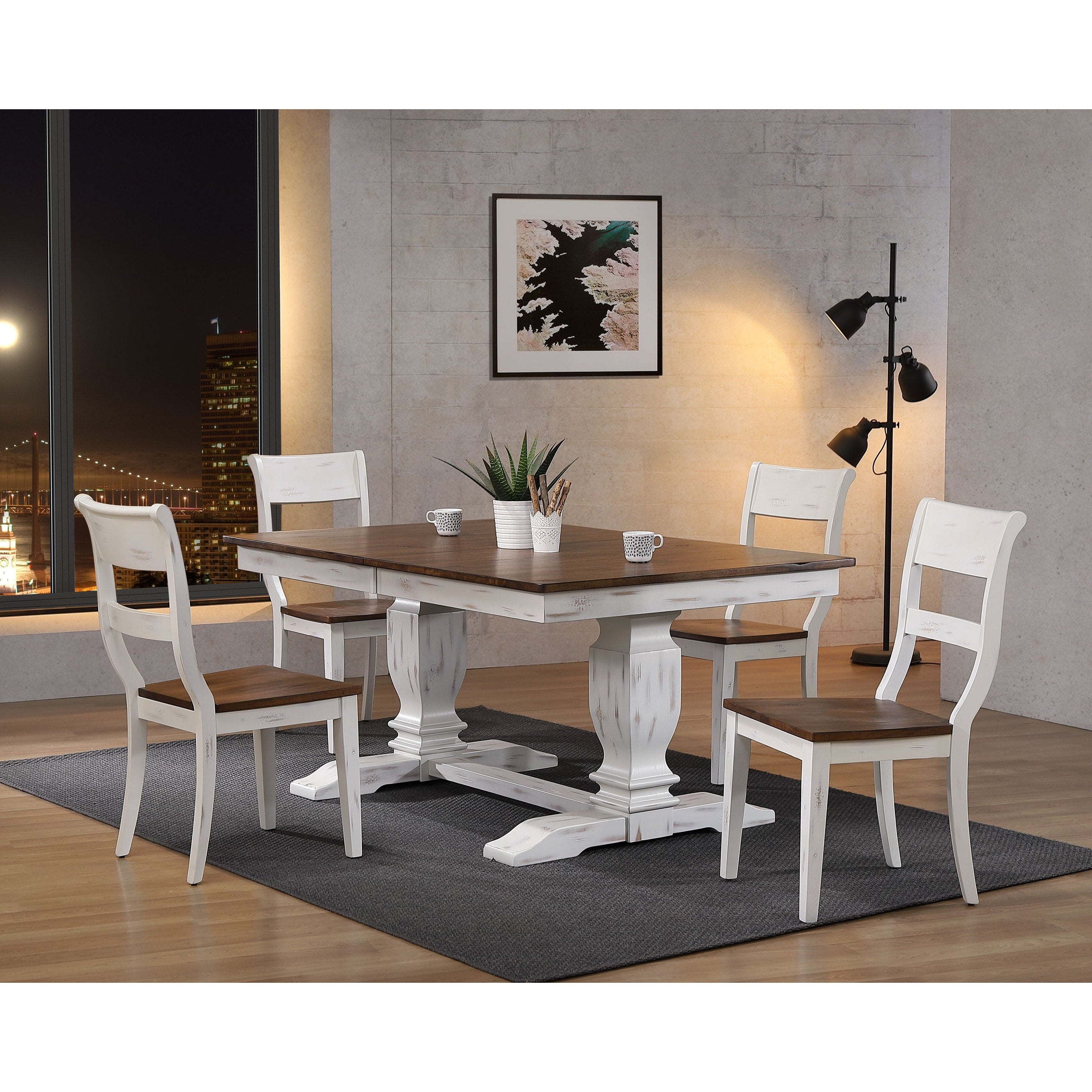 Iconic Furniture 42 X64 X82 Double Pedestal Transitional Distressed Cocoa Brown Cotton White Dining Side Chair 5 Piece Set