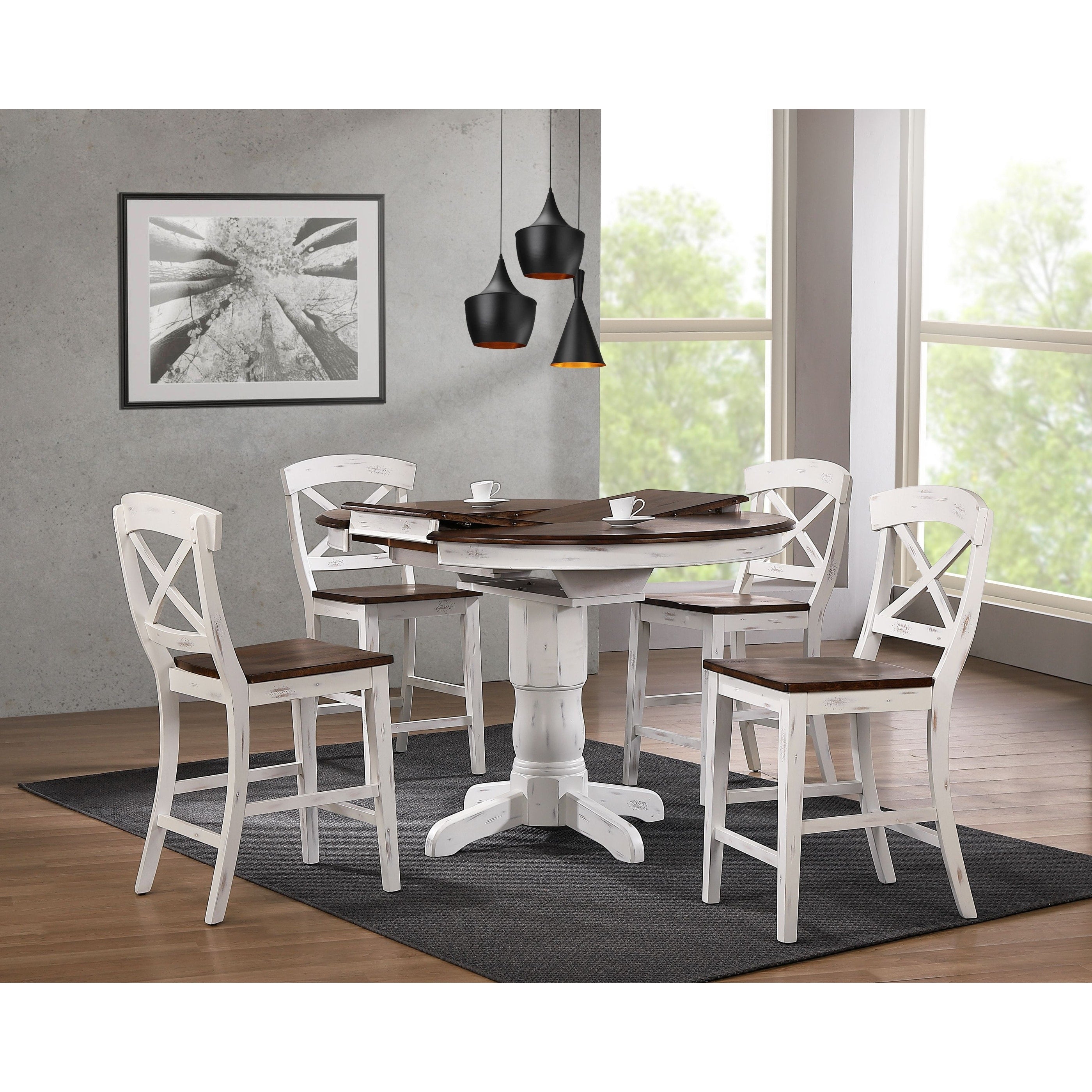 Iconic Furniture Company 42 X42 X60 Transitional X Back 24 Stool Cocoa Brown Cotton White Distressed Counter 5 Piece Set