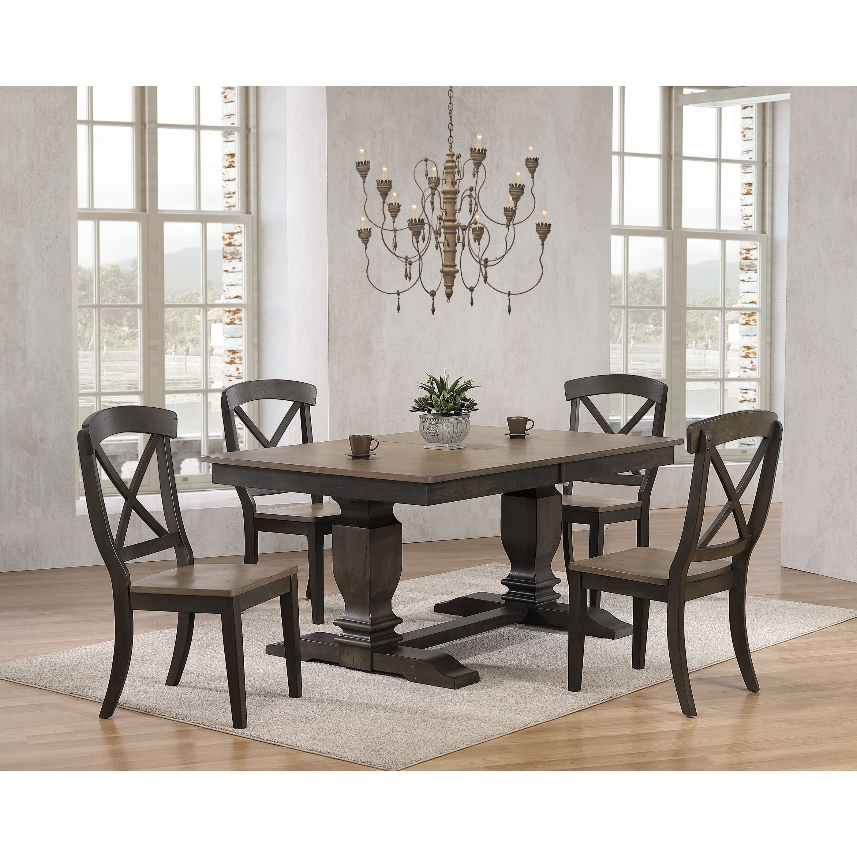 Iconic Furniture Company 42 X64 X82 Double Pedestal Transitional Antique Grey Stone Black Stone X Back 5 Piece Dining Set