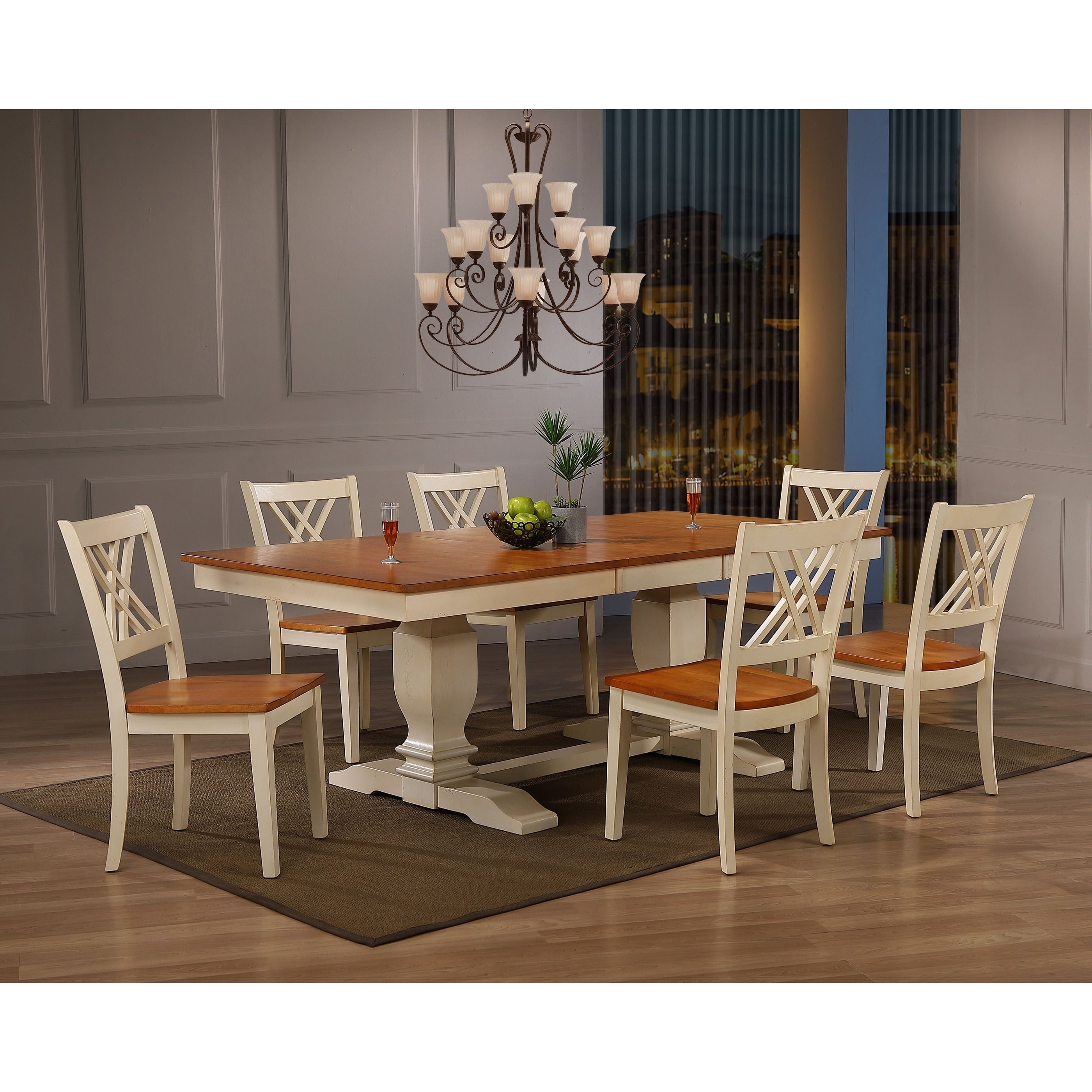 Iconic Furniture Company 42 X64 X82 Double Pedestal Transitional Antiqued Caramel Biscotti Double X Back 7 Piece Dining Set