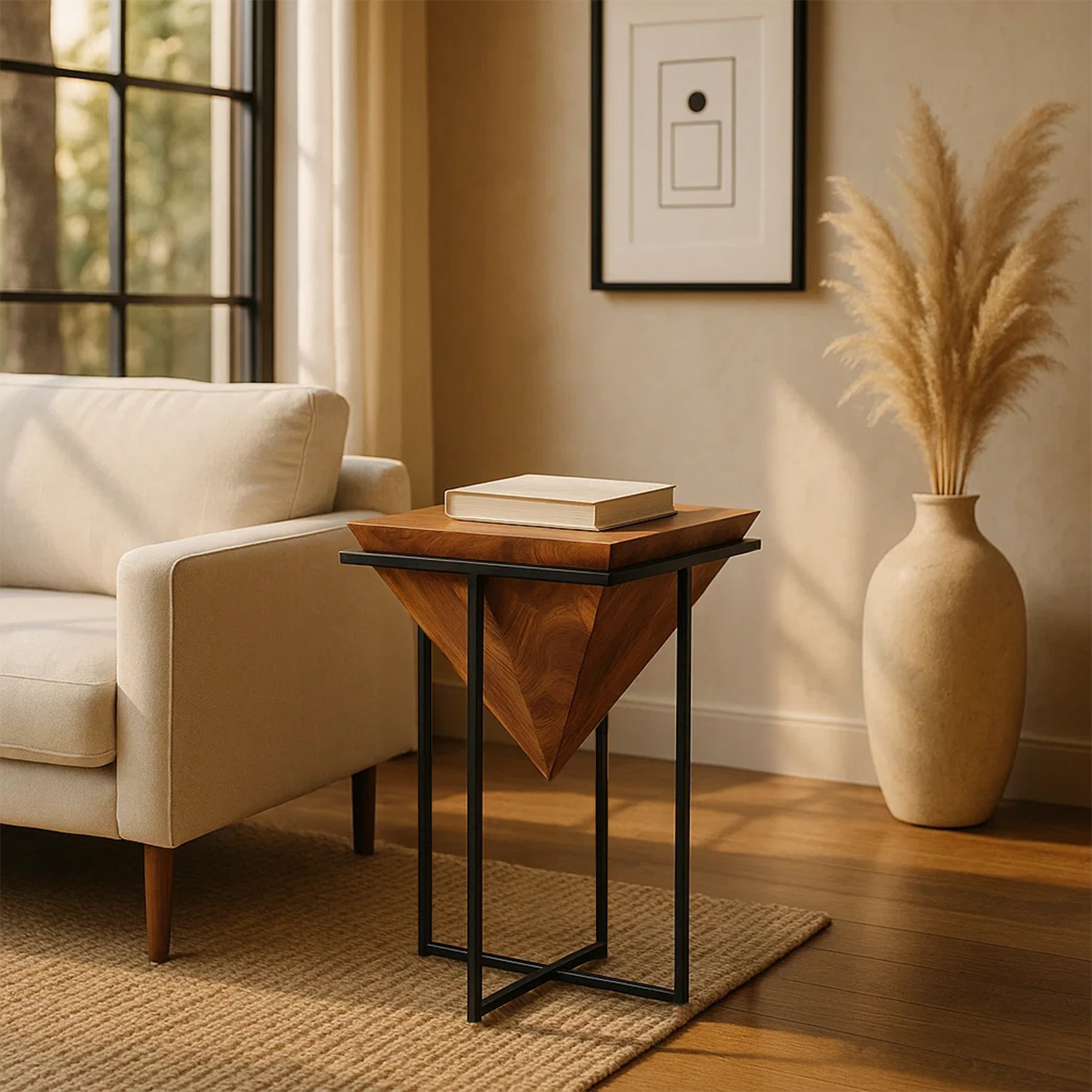 Carbon Loft Jocasta Pyramid Shape Wooden Side Table With Cross Metal Base