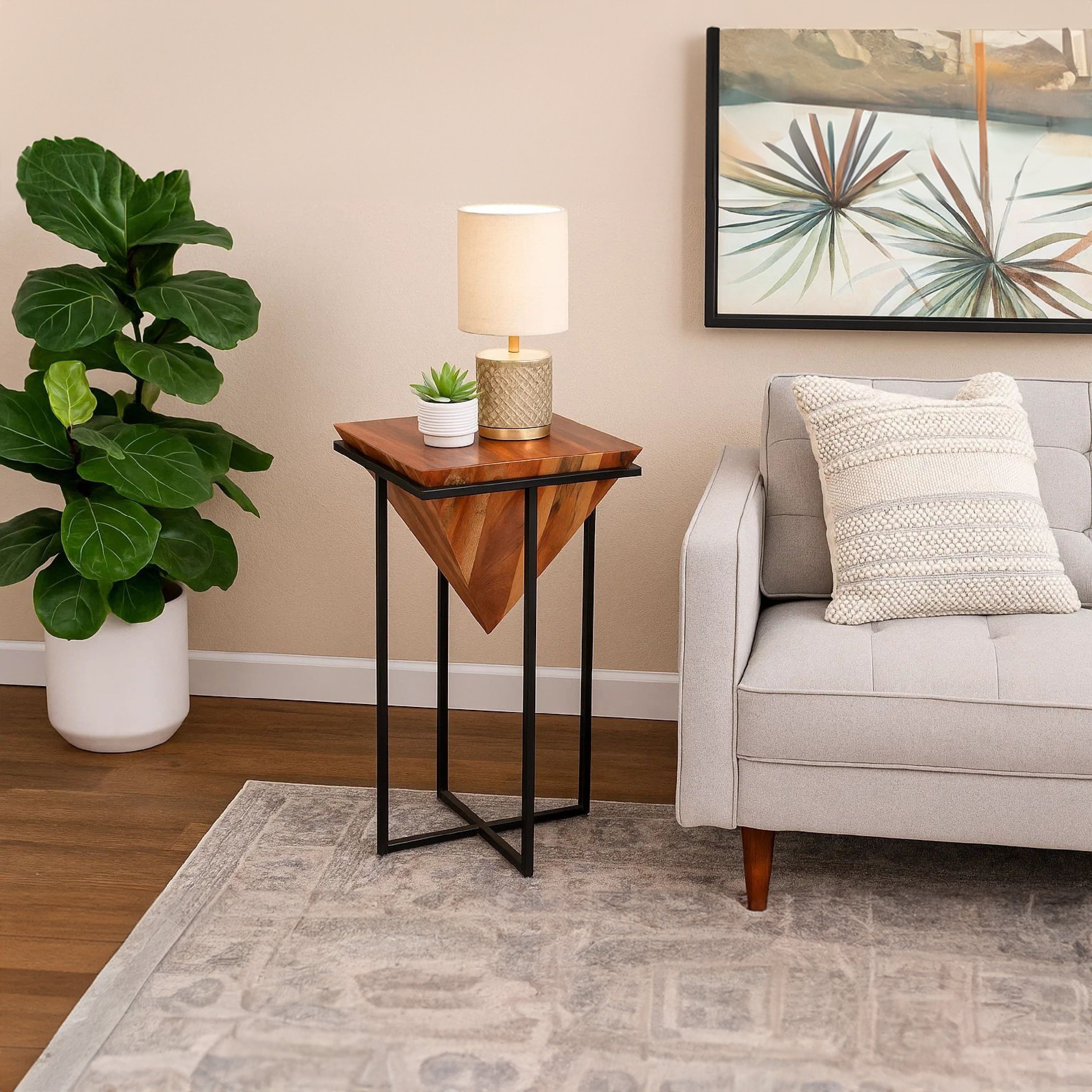30 Inch Pyramid Shape Wooden Side Table With Cross Metal Base Brown And Black