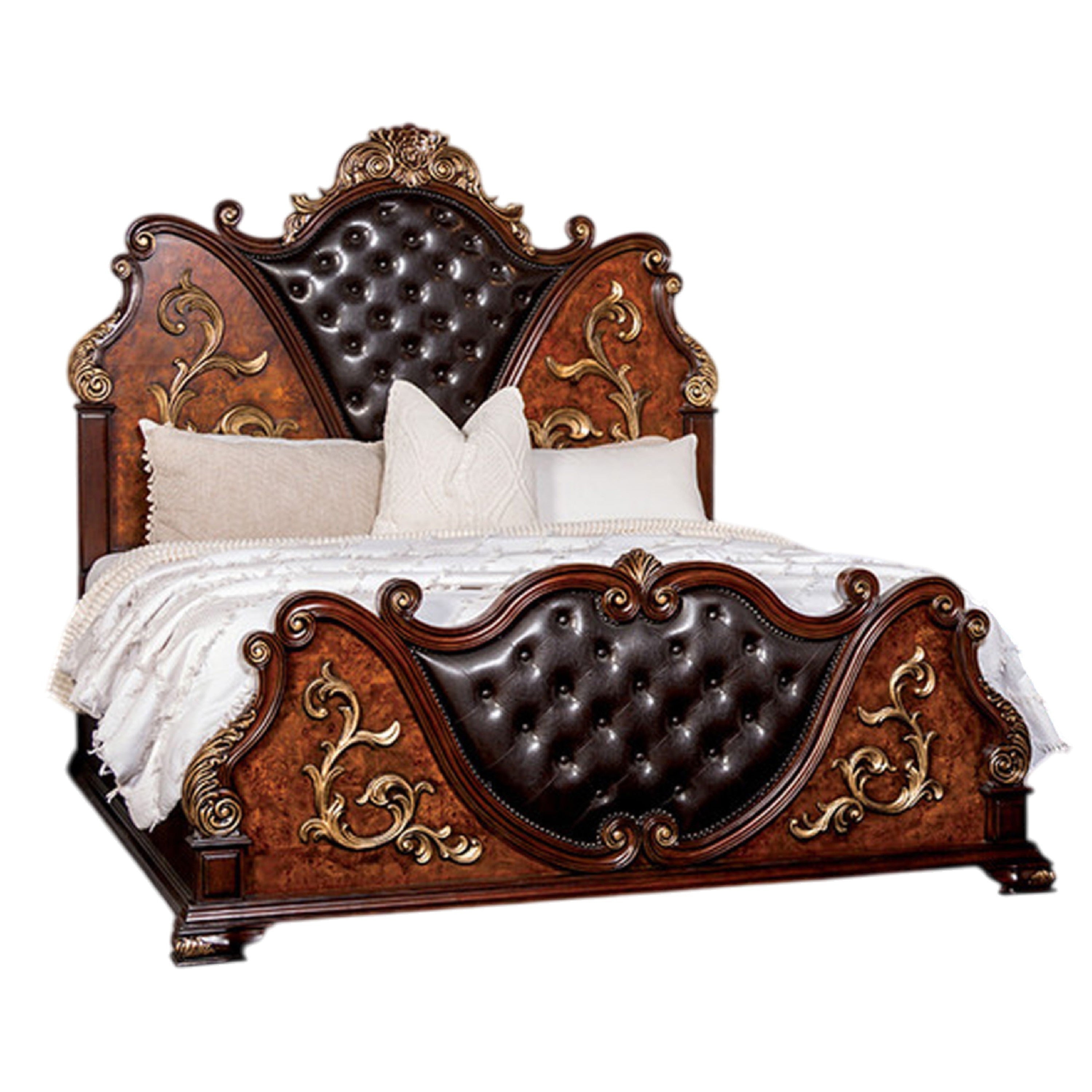 Iliana King Bed Dark Cherry Brown Black Faux Leather Gold Carvings