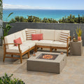 Illona Outdoor 5 Seater V Shaped Acacia Wood Sofa Set With Square Fire Table And Tank By Christopher Knight Home