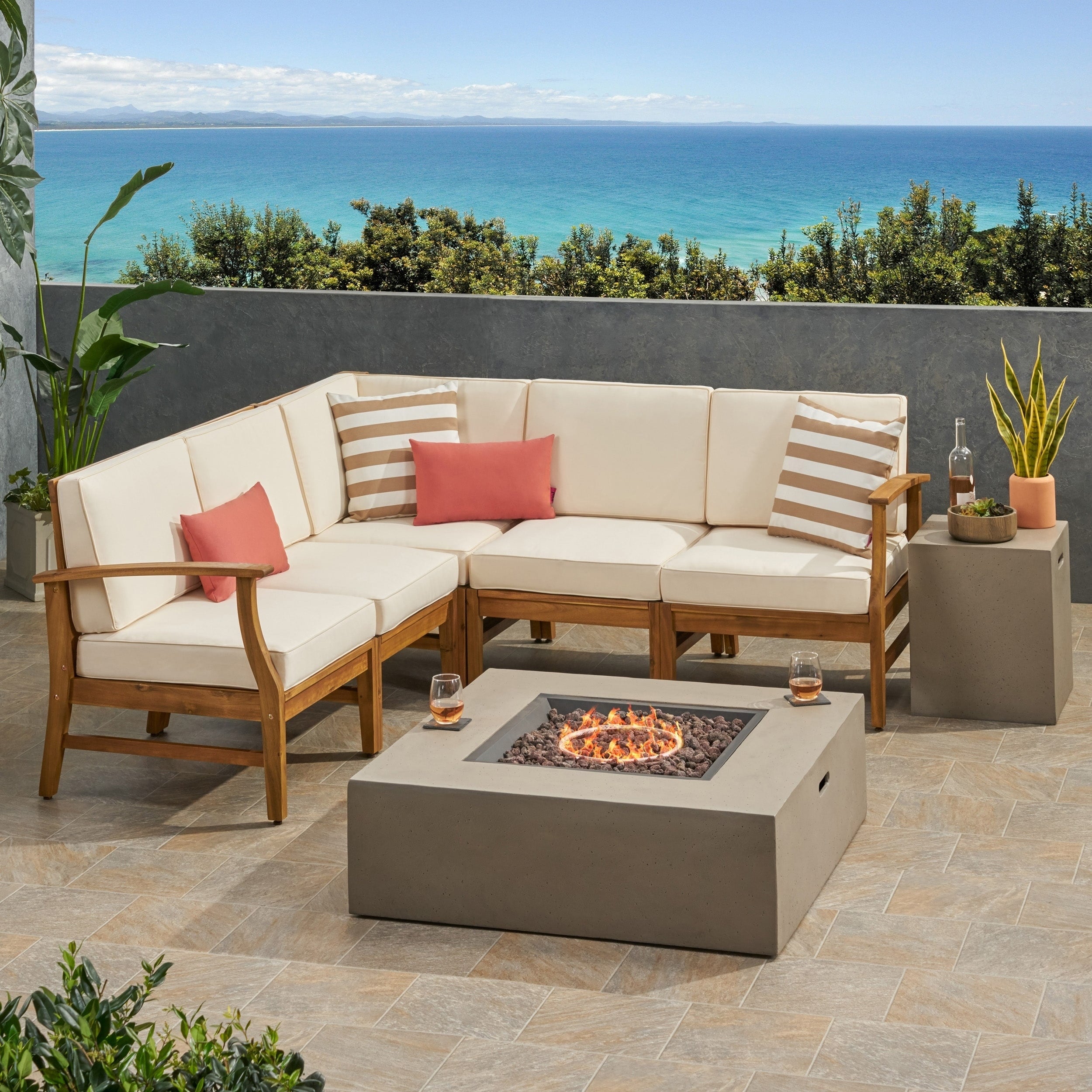 Illona Outdoor 5 Seater V Shaped Acacia Wood Sofa Set With Square Fire Table And Tank By Christopher Knight Home