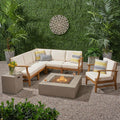 Illona Outdoor 6 Seater Acacia Wood Sofa Set With Square Fire Table And Tank By Christopher Knight Home