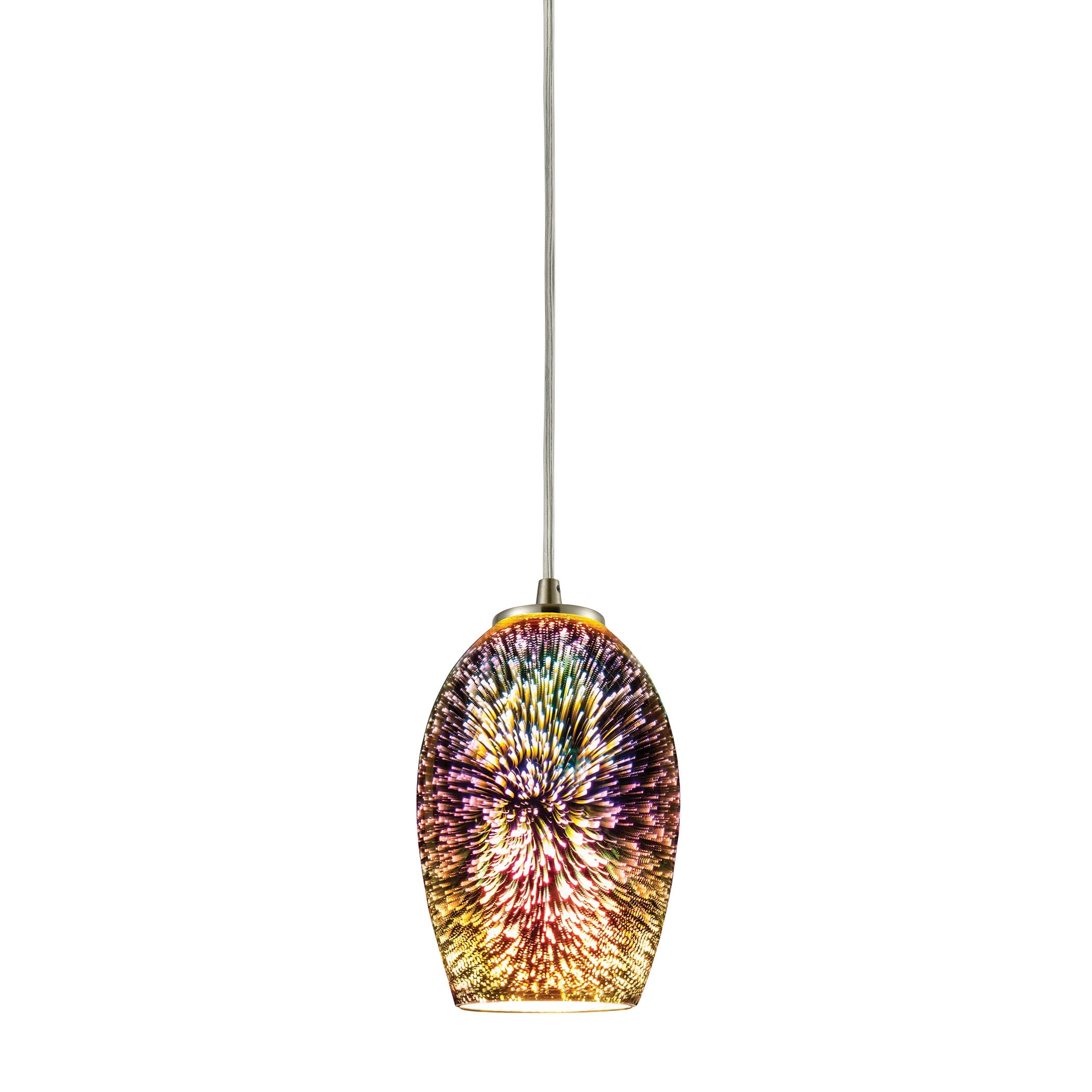Illusions 5 Inch Wide 1 Light Pendant In Satin Nickel With Multicolor Fireworks Glass 5In W X 5In D X 9In H