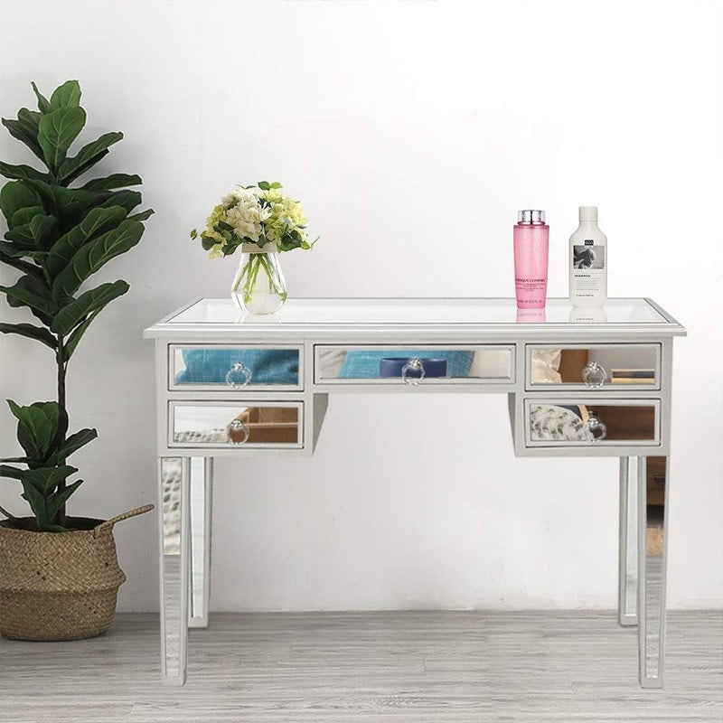 Illusions Collection Mirrored Entryway Console Dressing Table 5Draws