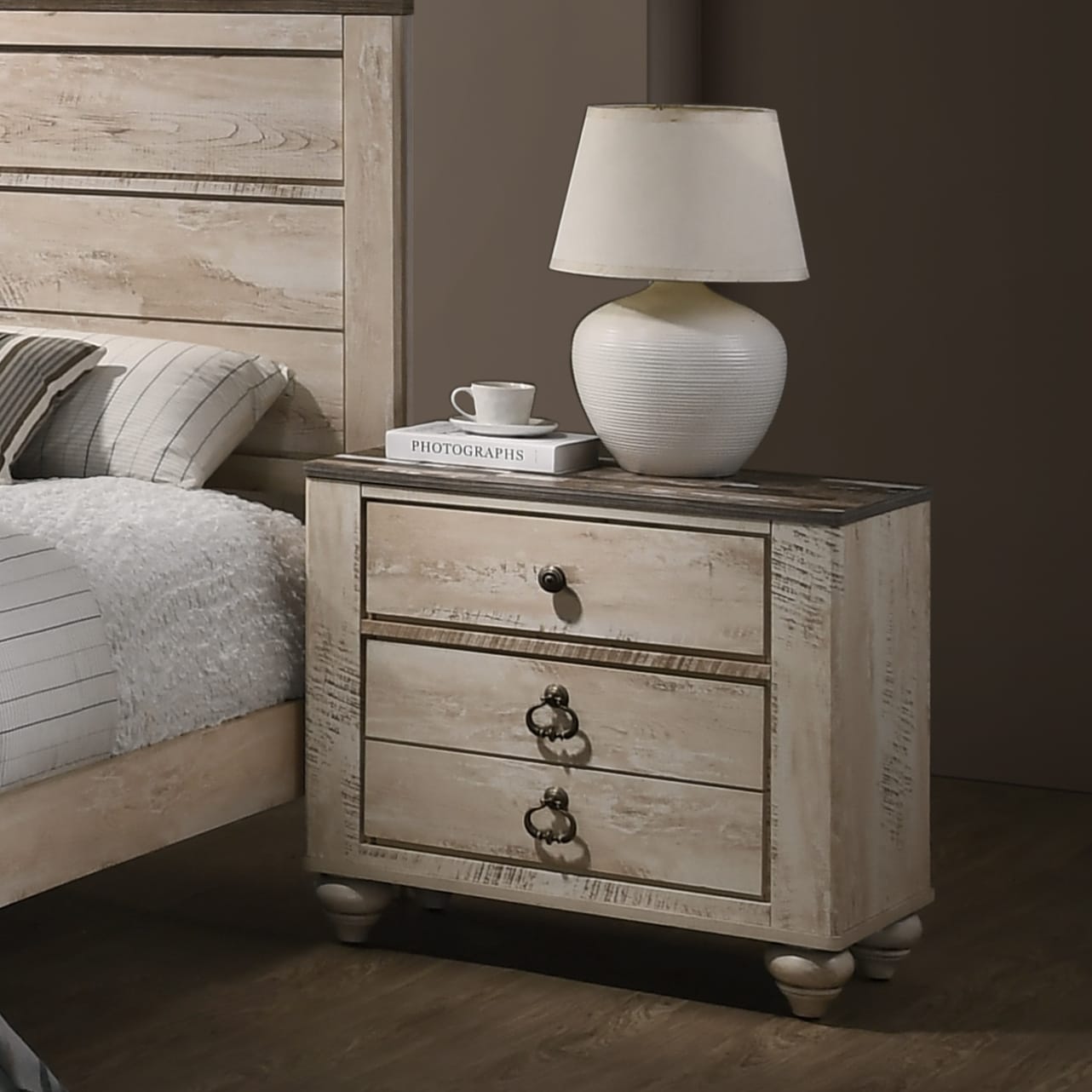 Imerland Contemporary White Wash Finish 2 Drawer Nightstand