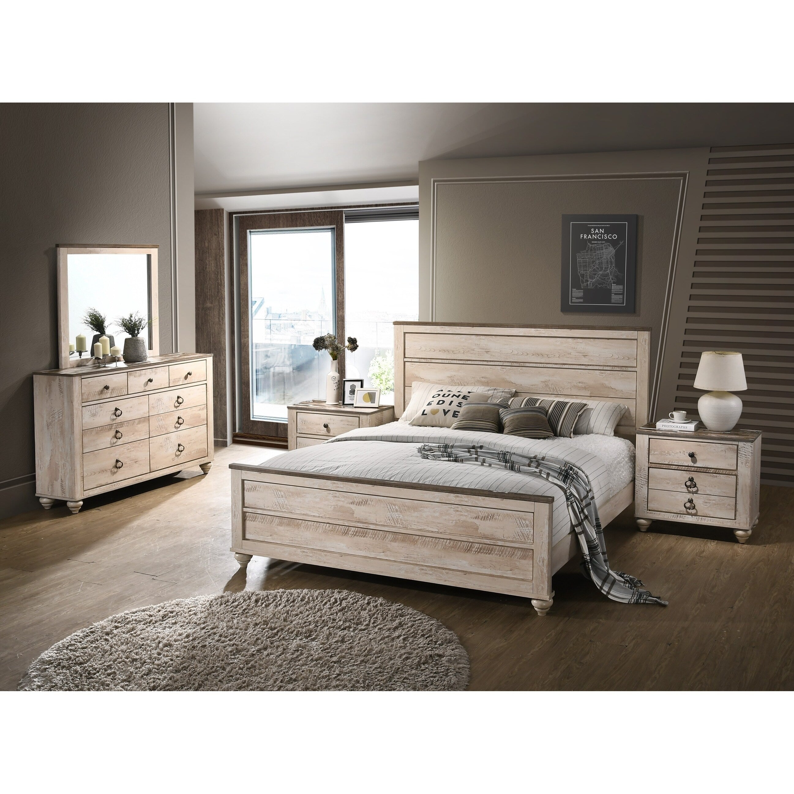 Imerland Contemporary White Wash Finish 5 Piece Bedroom Set King