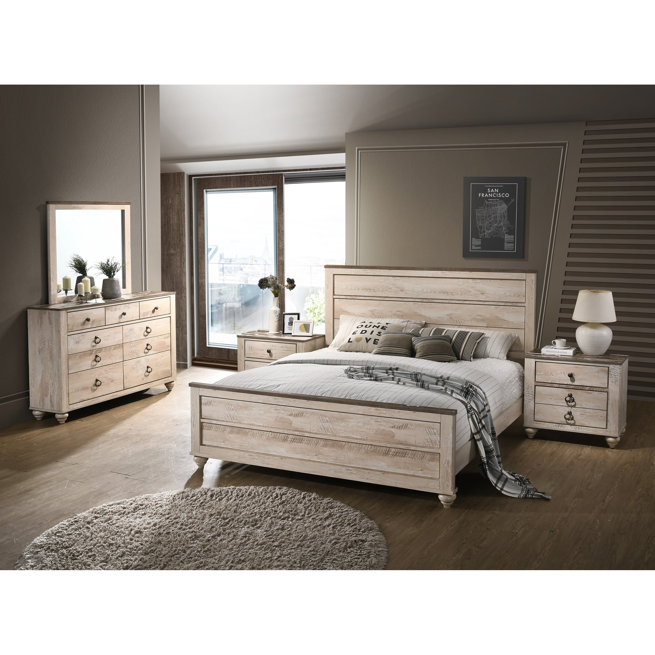 Imerland Contemporary White Wash Finish 5 Piece Bedroom Set Queen
