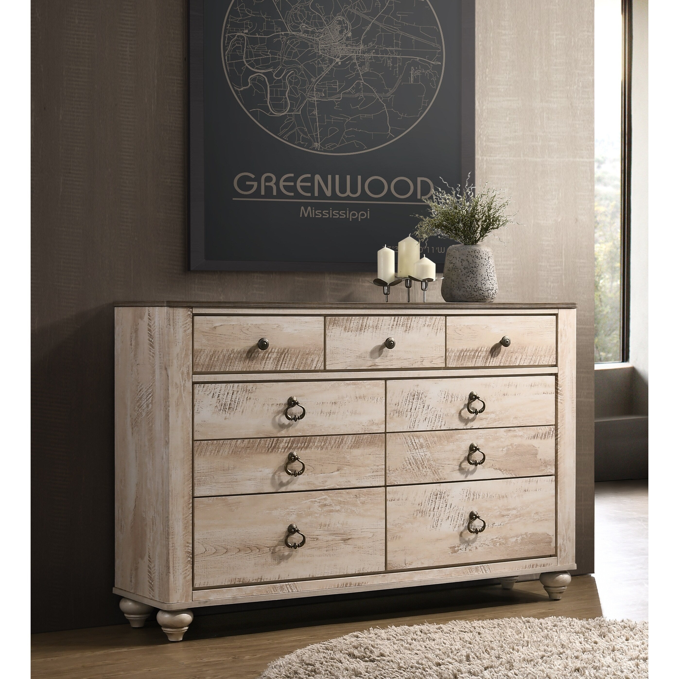 Imerland Contemporary White Wash Finish 7 Drawer Dresser