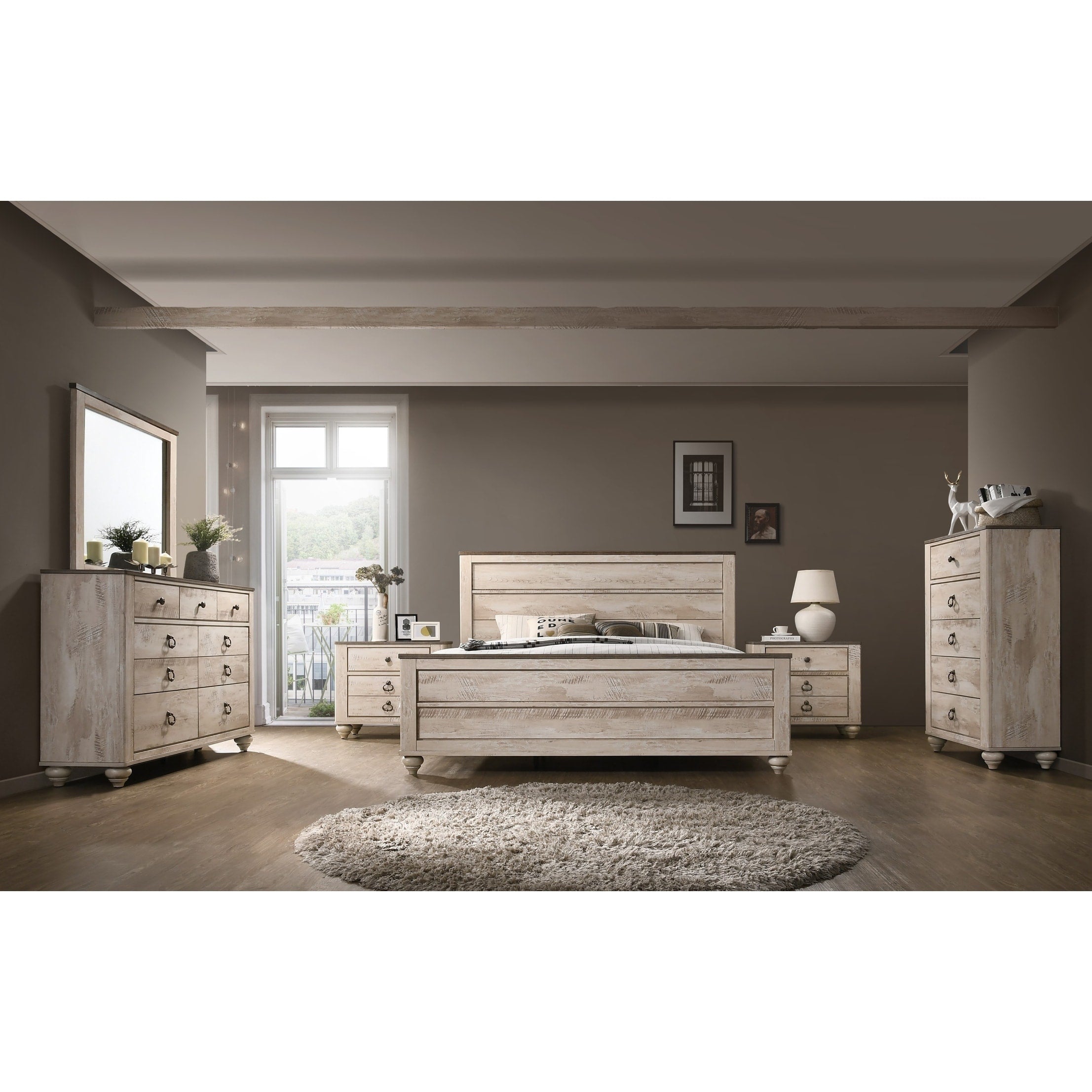 Imerland Contemporary White Wash Finish 6 Piece Bedroom Set Queen