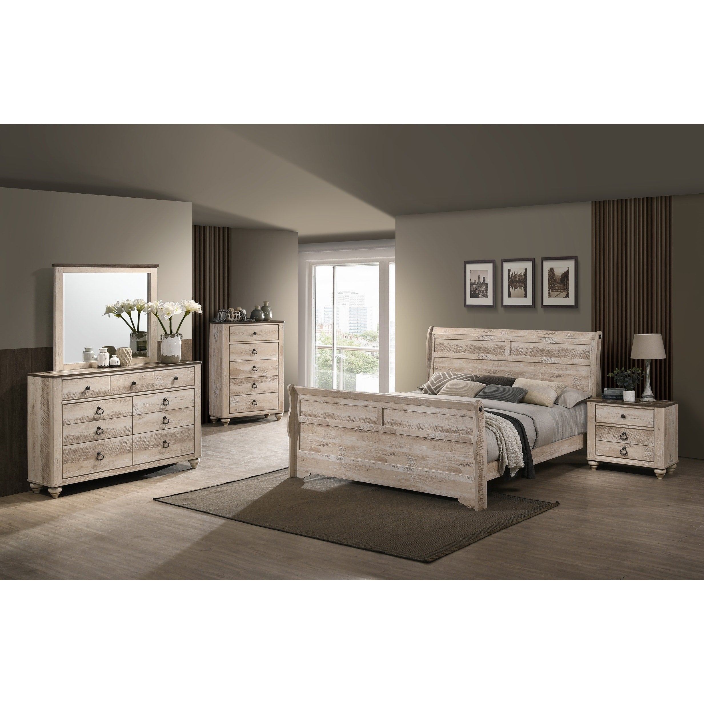 Imerland Contemporary White Wash Finish Bedroom Set With Sleigh Bed Dresser Mirror Nightstand Chest