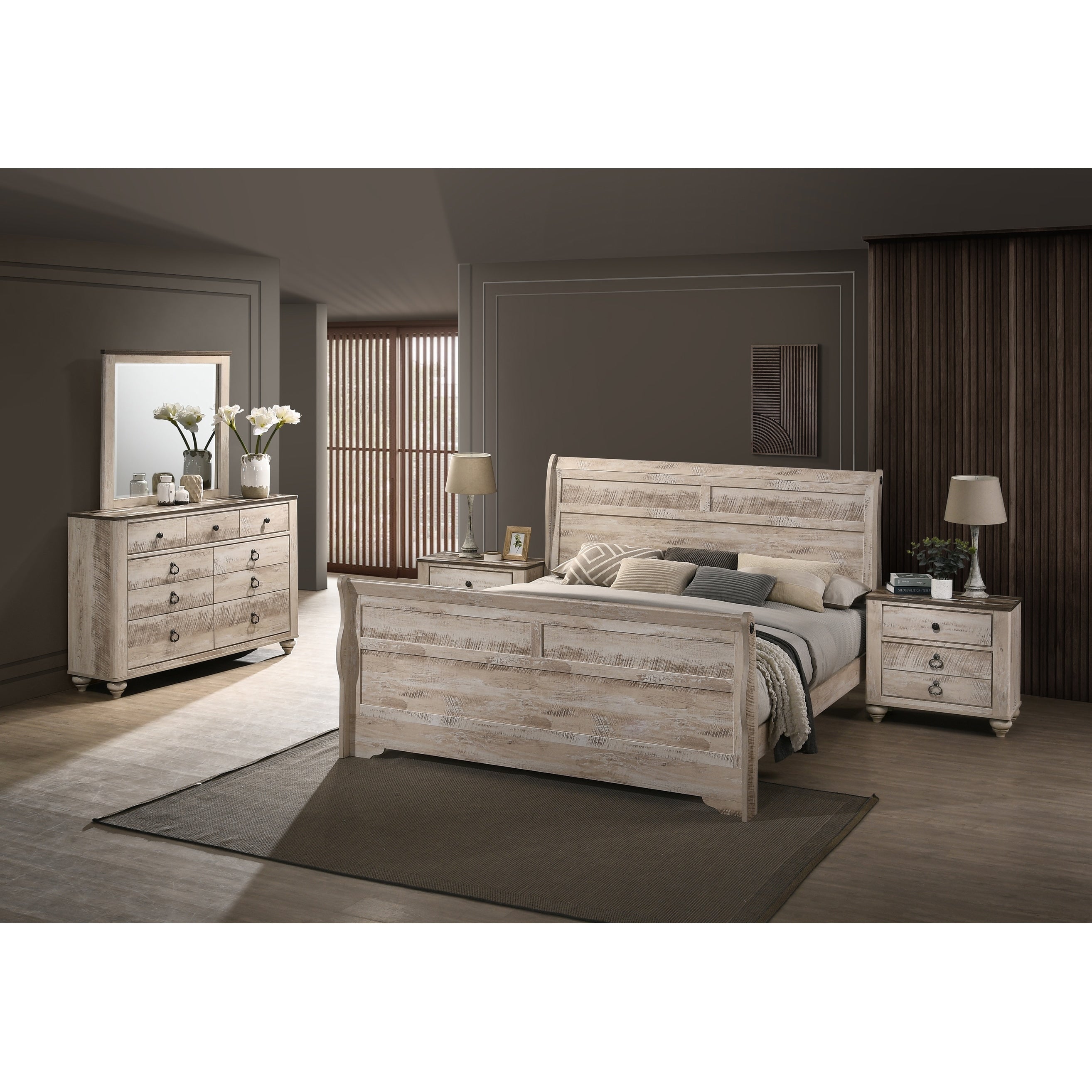 Imerland Contemporary White Wash Finish Bedroom Set With Sleigh Bed Dresser Mirror Two Nightstands