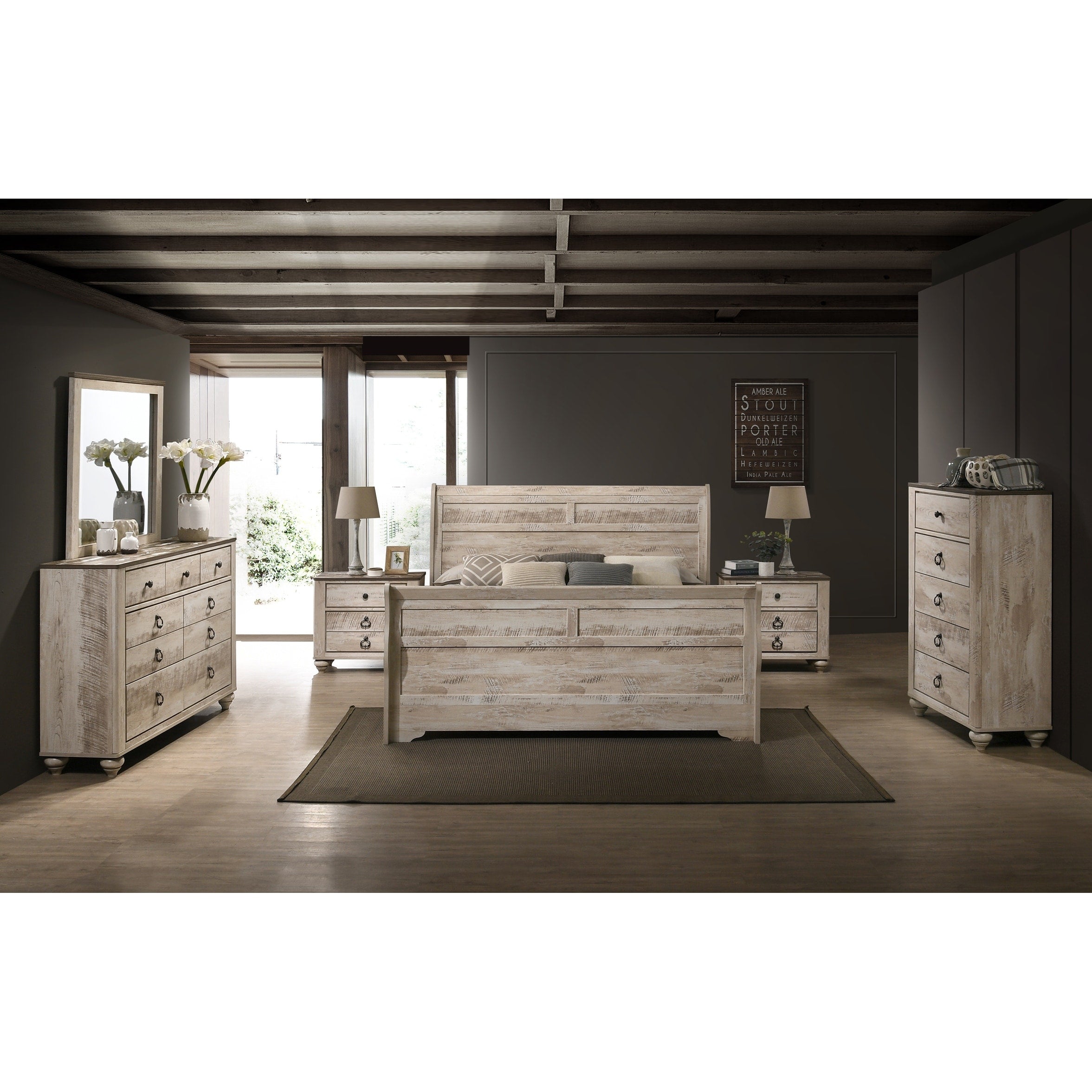Imerland Contemporary White Wash Finish Bedroom Set With Sleigh Bed Dresser Mirror Two Nightstands Chest