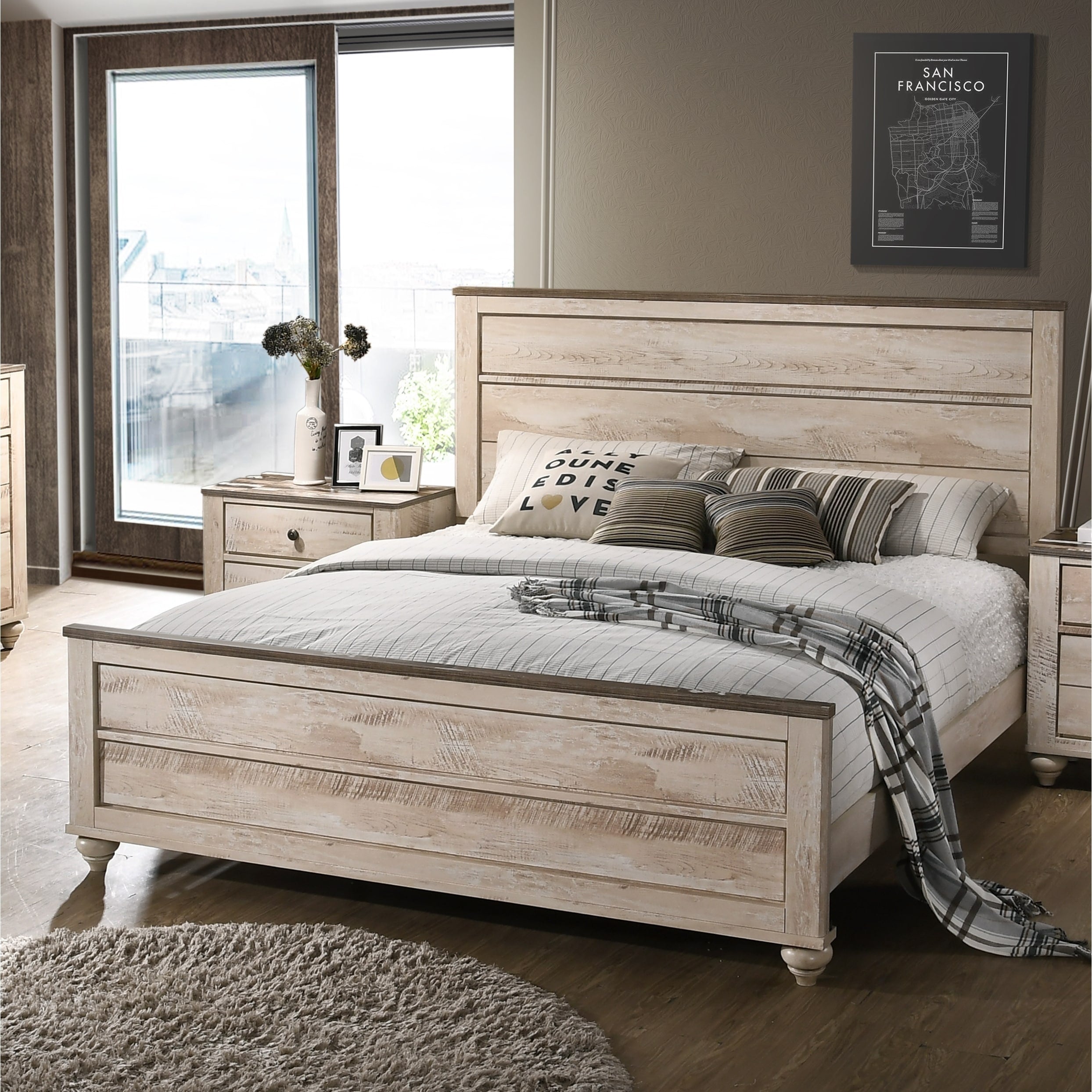 Imerland Contemporary White Wash Finish Panel Bed