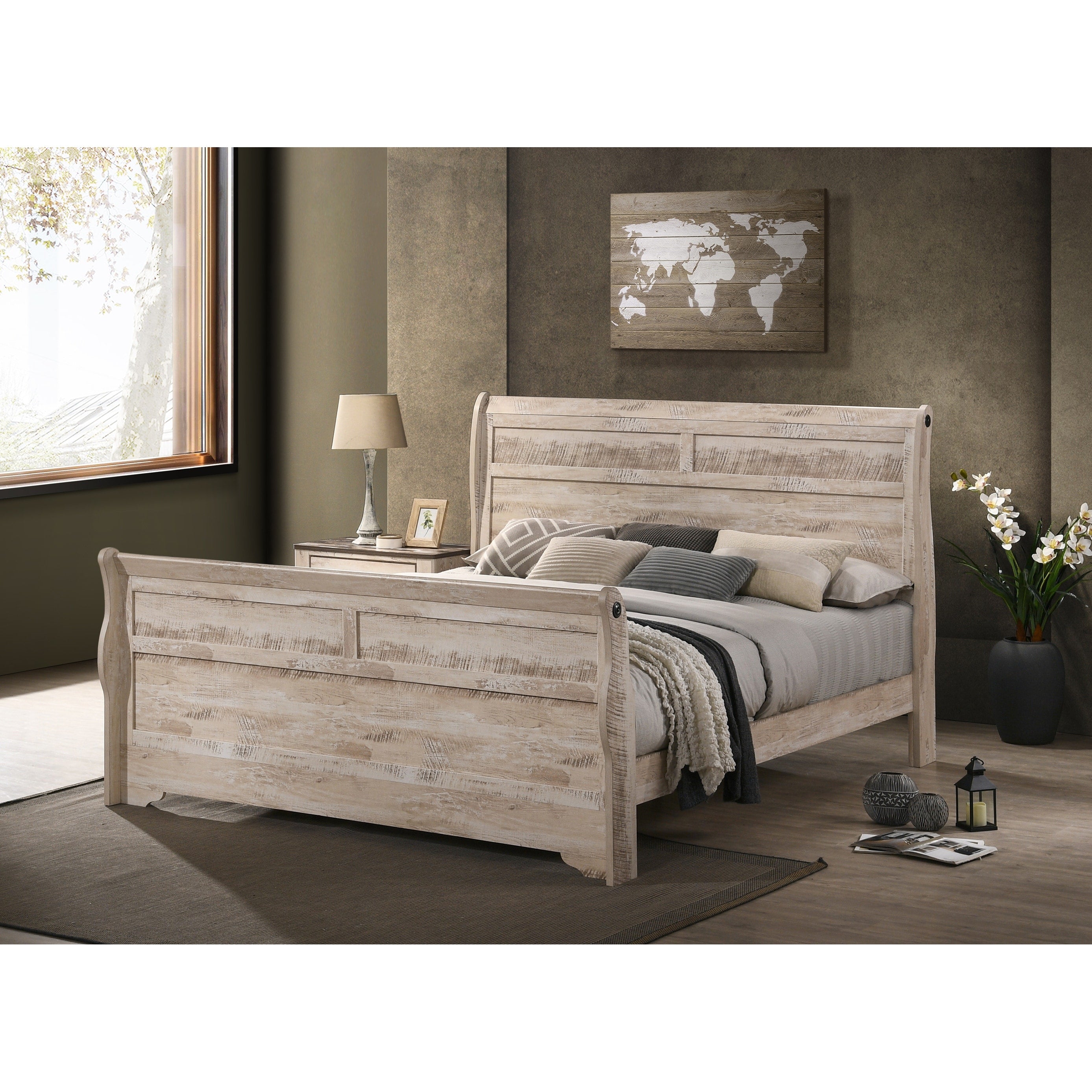 Imerland Contemporary White Wash Finish Sleigh Bed