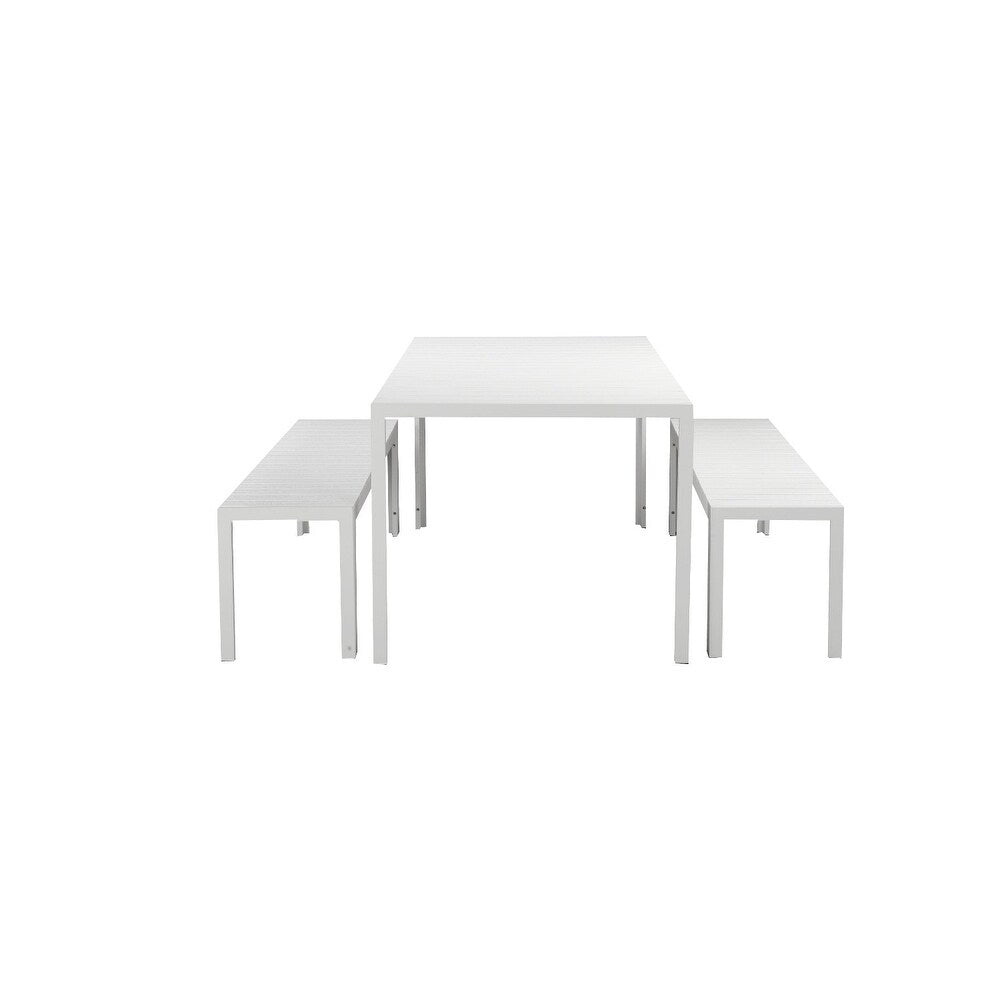 Immaculately Contemporary Anodized Aluminum Table And Bench Set In White Set Of 3