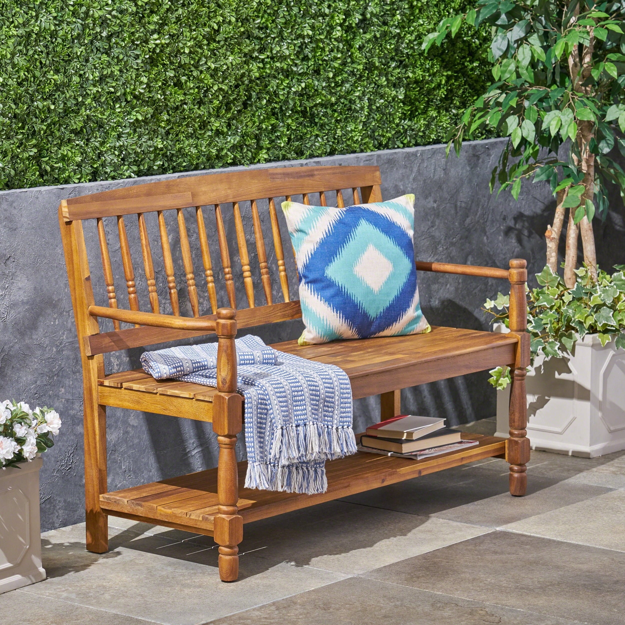 Imperial Outdoor Acacia Wood Bench With Shelf By Christopher Knight Home