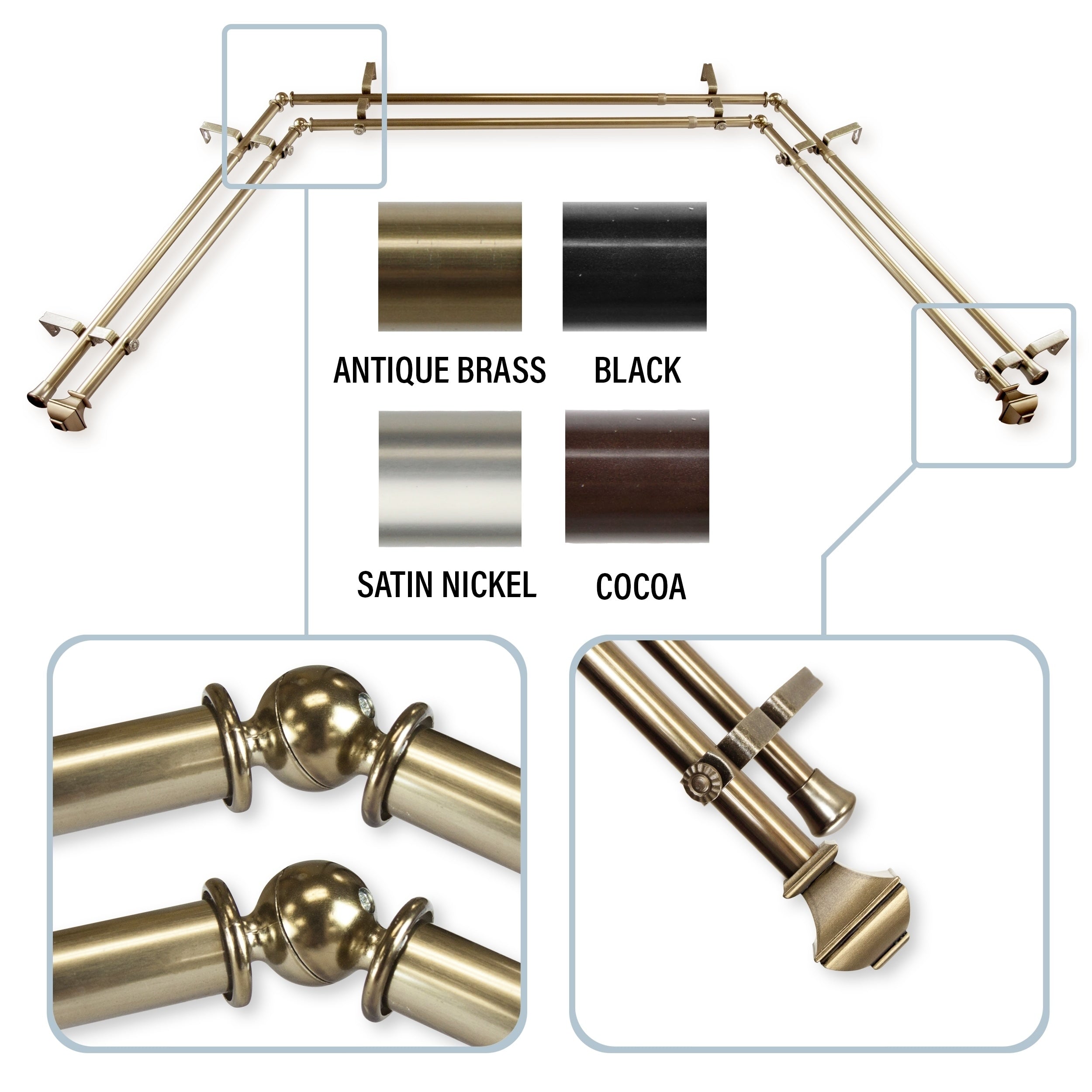 Instyledesign Eugene 13 16 Bay Window Double Curtain Rod 20 36 Inches 38 72 Inches