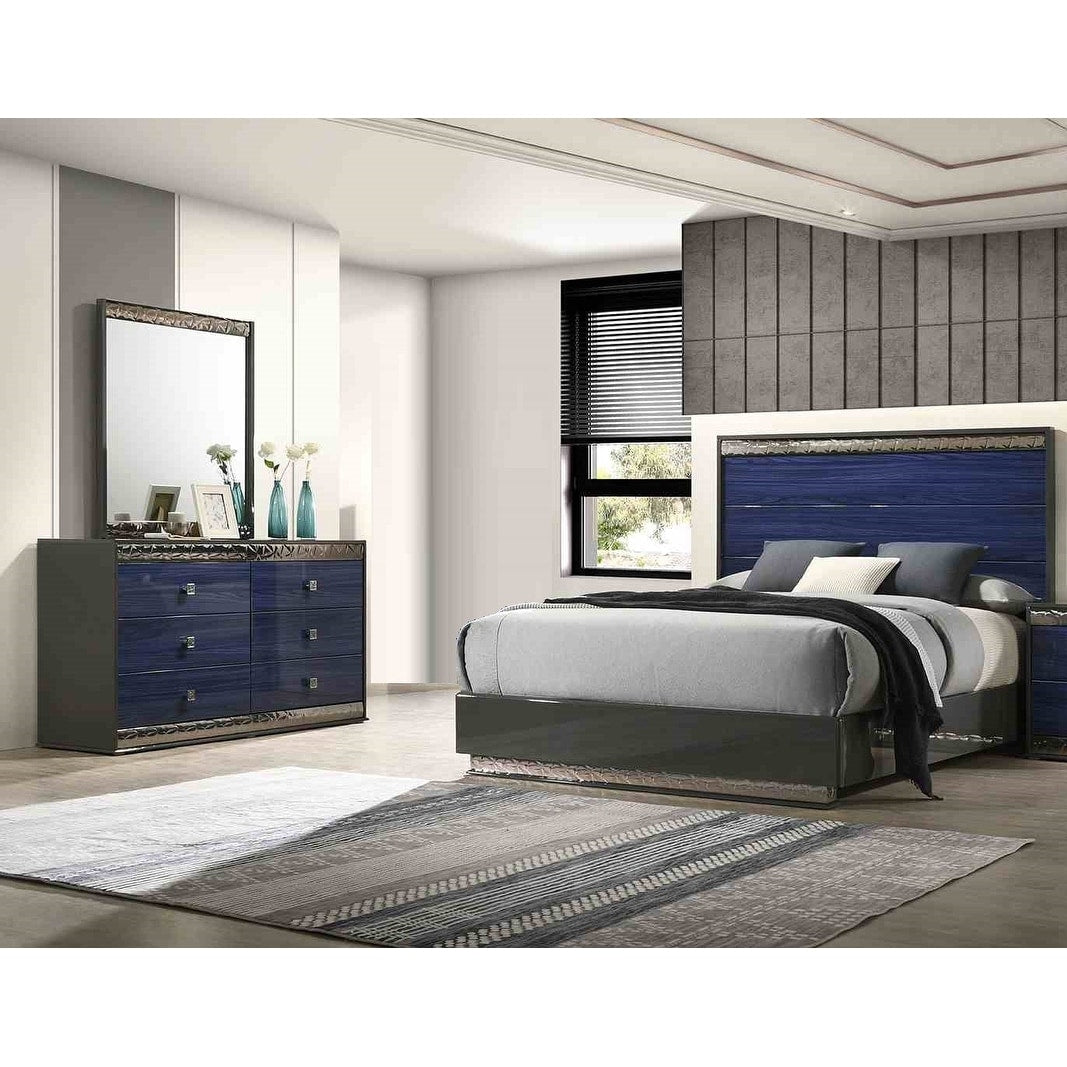 Indigo Blue Finish Platform Bed Dresser Mirror 3Pc Bedroom Set