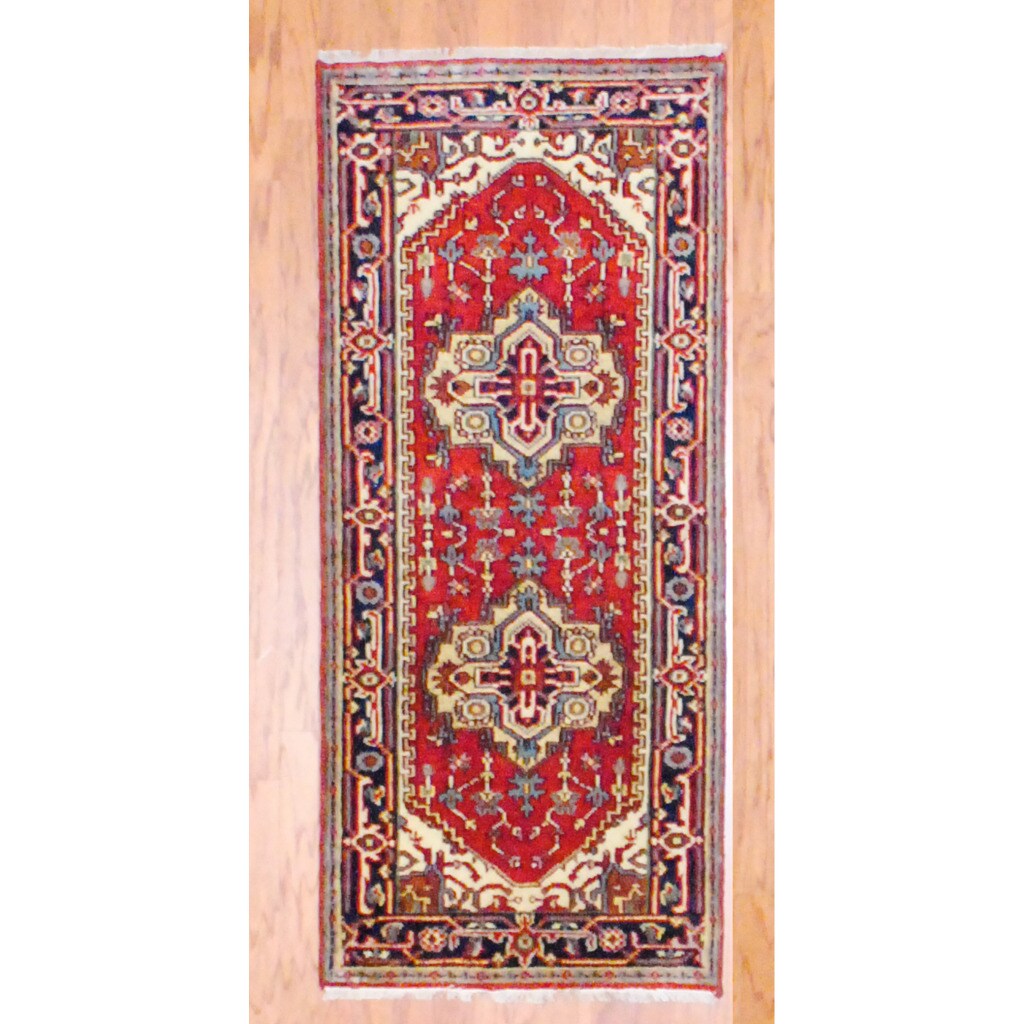 Handmade Indo Heriz Red Navy Wool Rug India 26 X 6