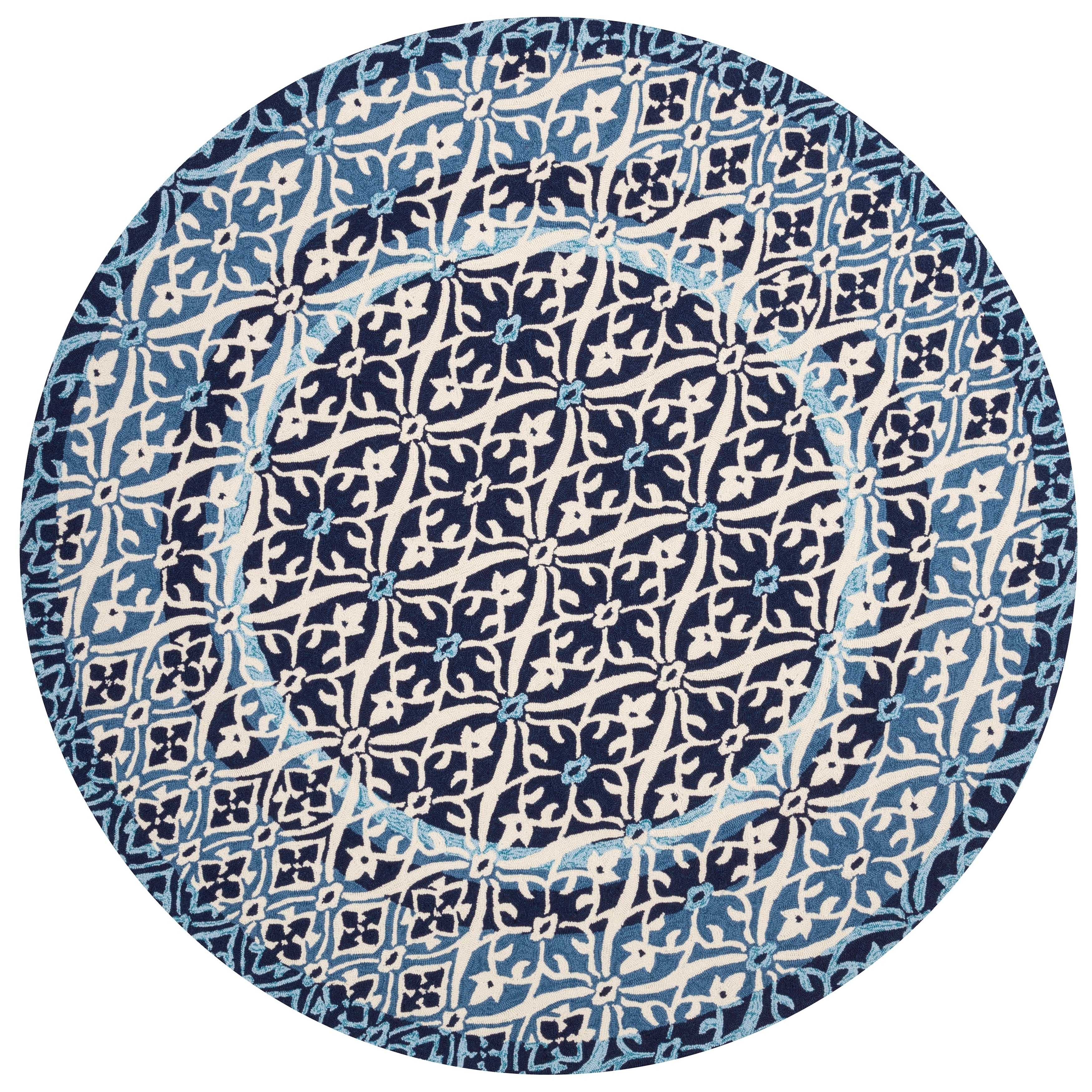 Indoor Outdoor Hand Hooked Blue Damask Rug 93 X 13