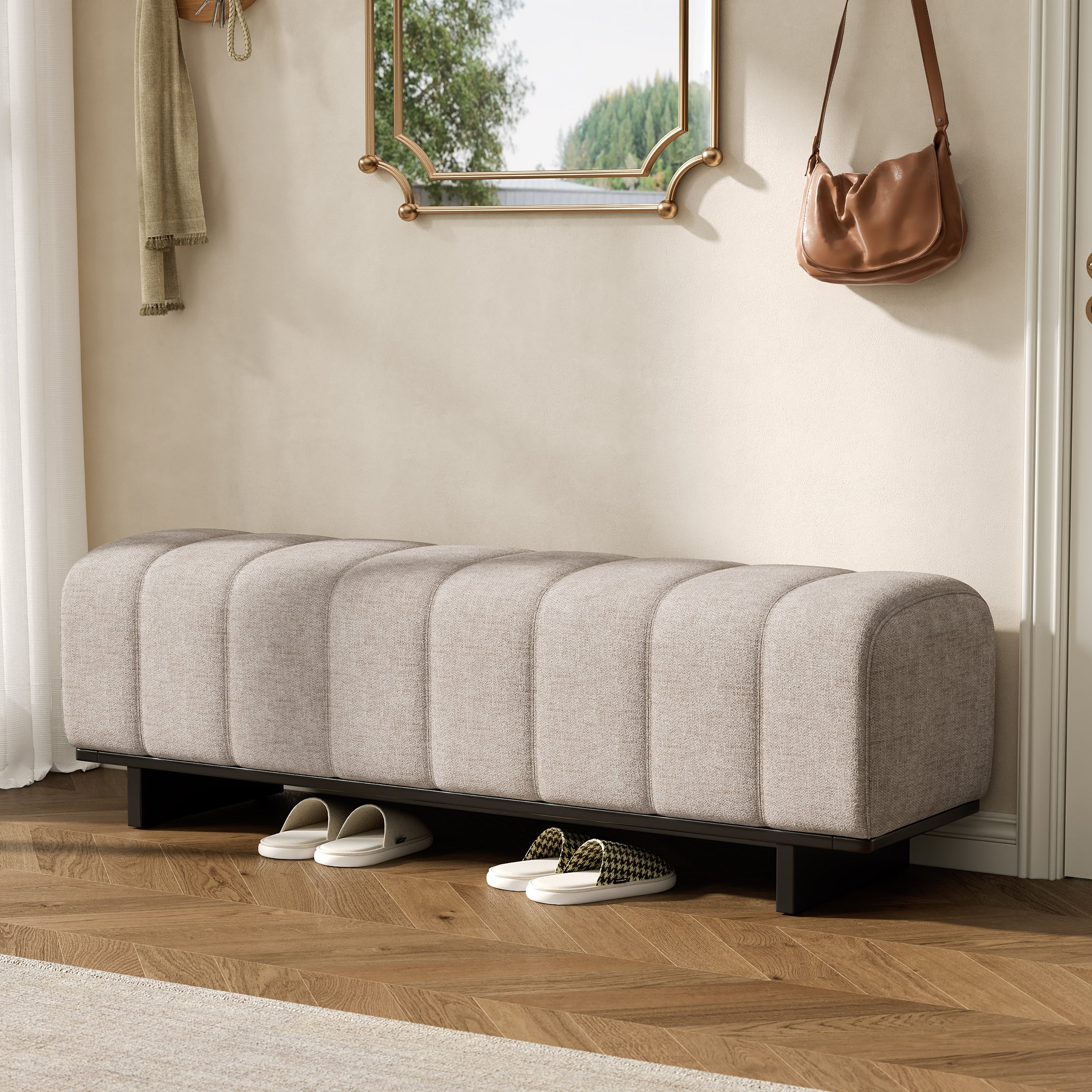 Indoor Dining Bench With Chenille Fabric Rubber Wood Legs And Tufted Design