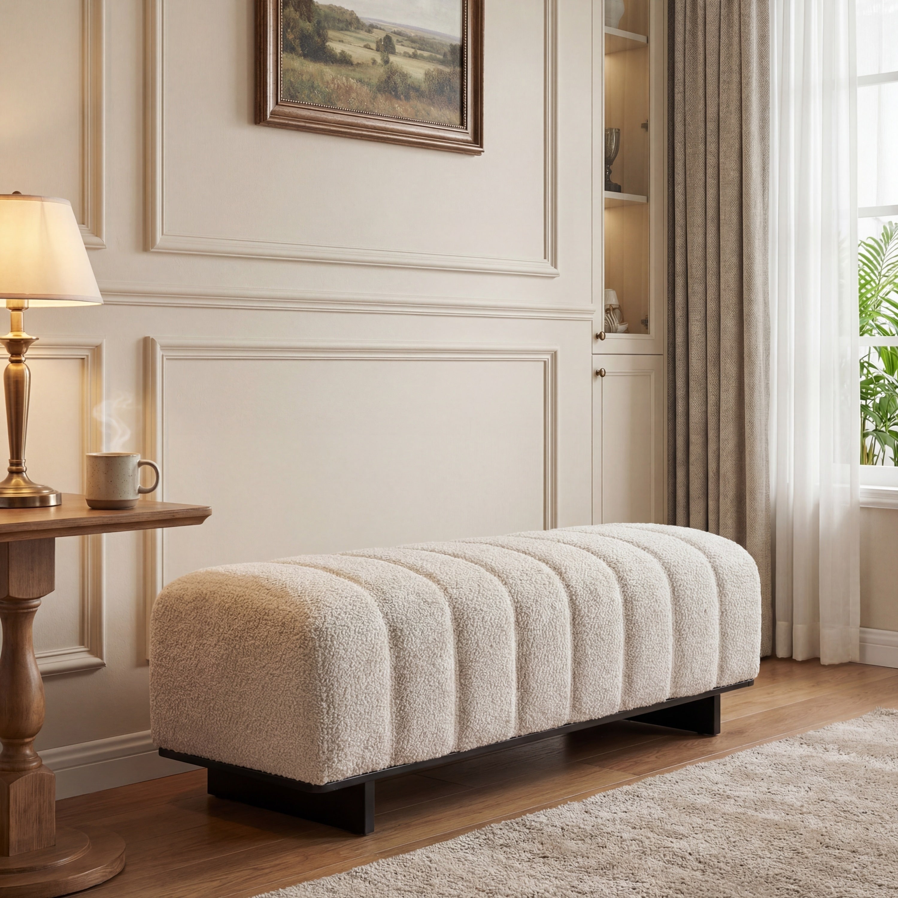 Indoor Dining Bench With Faux Fur Upholstery And Rubber Wood Legs