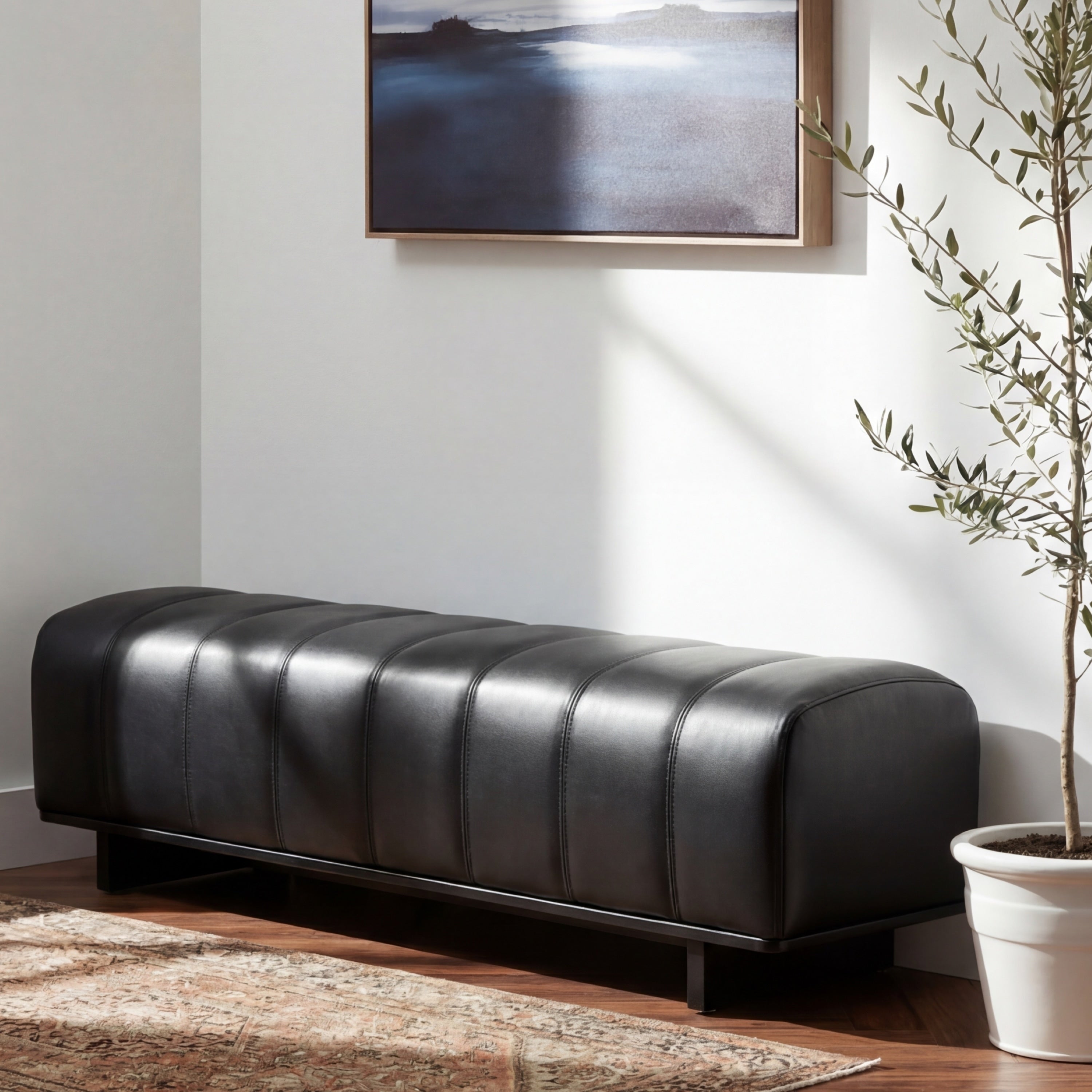 Indoor Dining Bench With Pu Fabric Rubber Wood Legs And Ribbed Stitching
