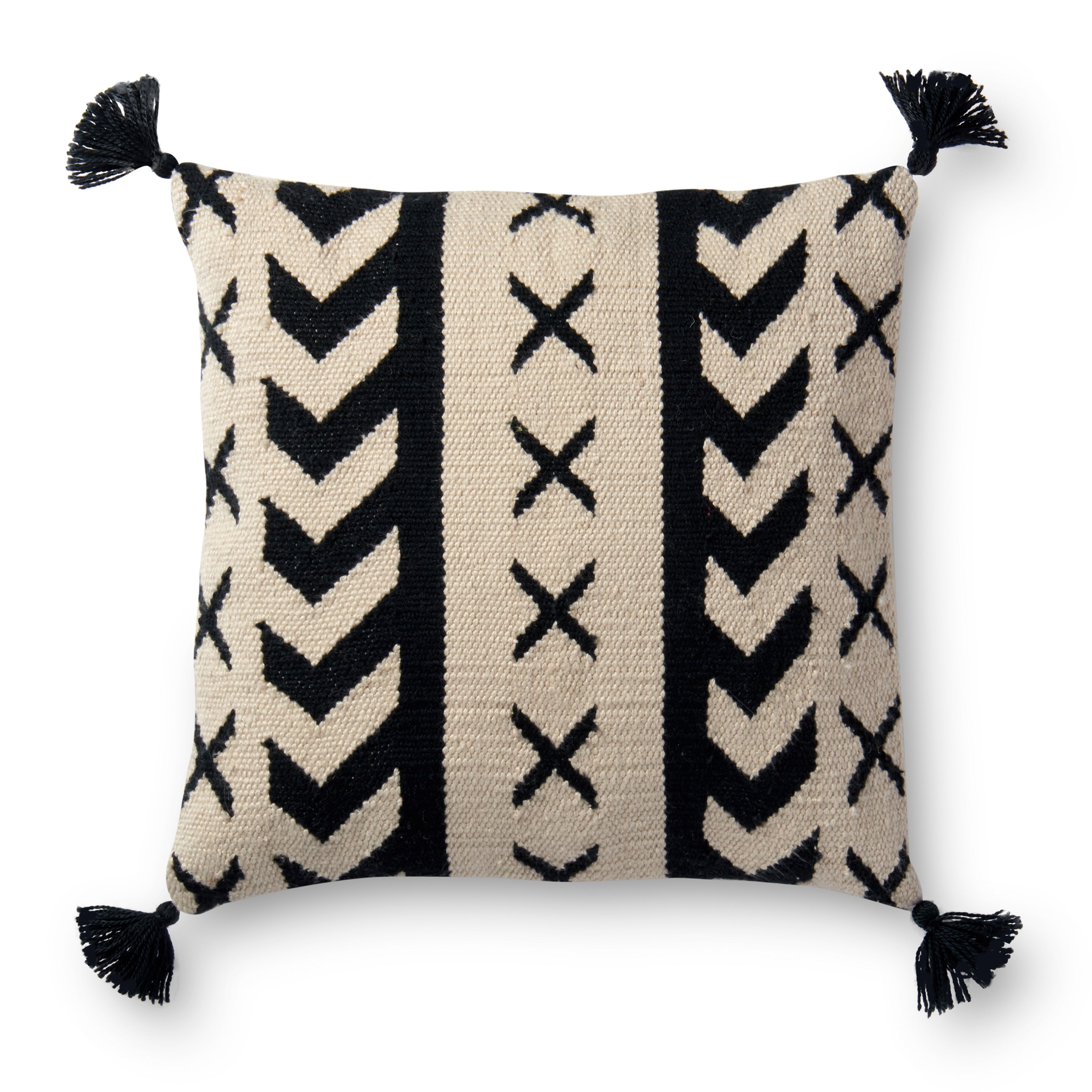 Indoor Outdoor Black Ivory Southwest 22 Inch Pillow Cover With Tassles